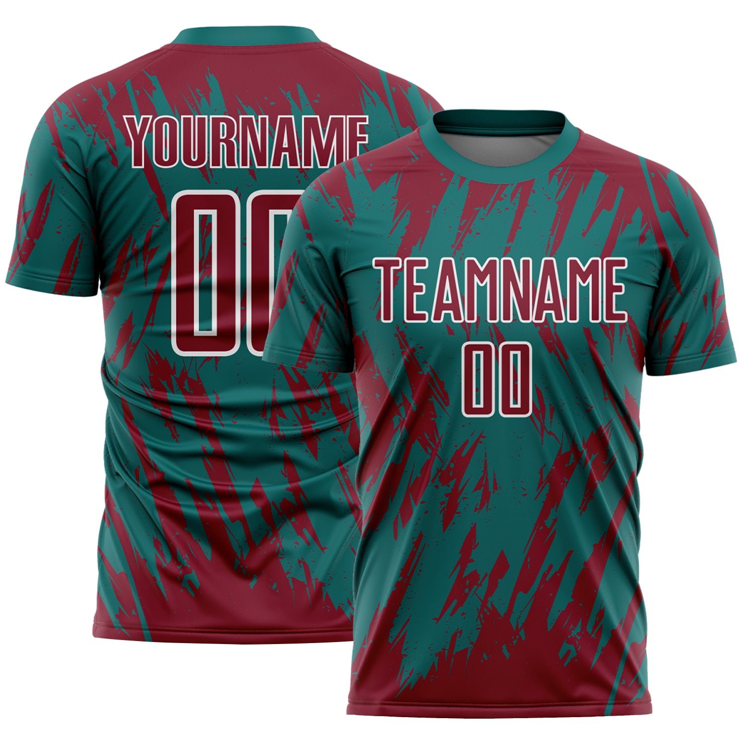 Custom Teal Crimson-White Splatter Torn Sharp Brush Stroke Sublimation Soccer Uniform Jersey