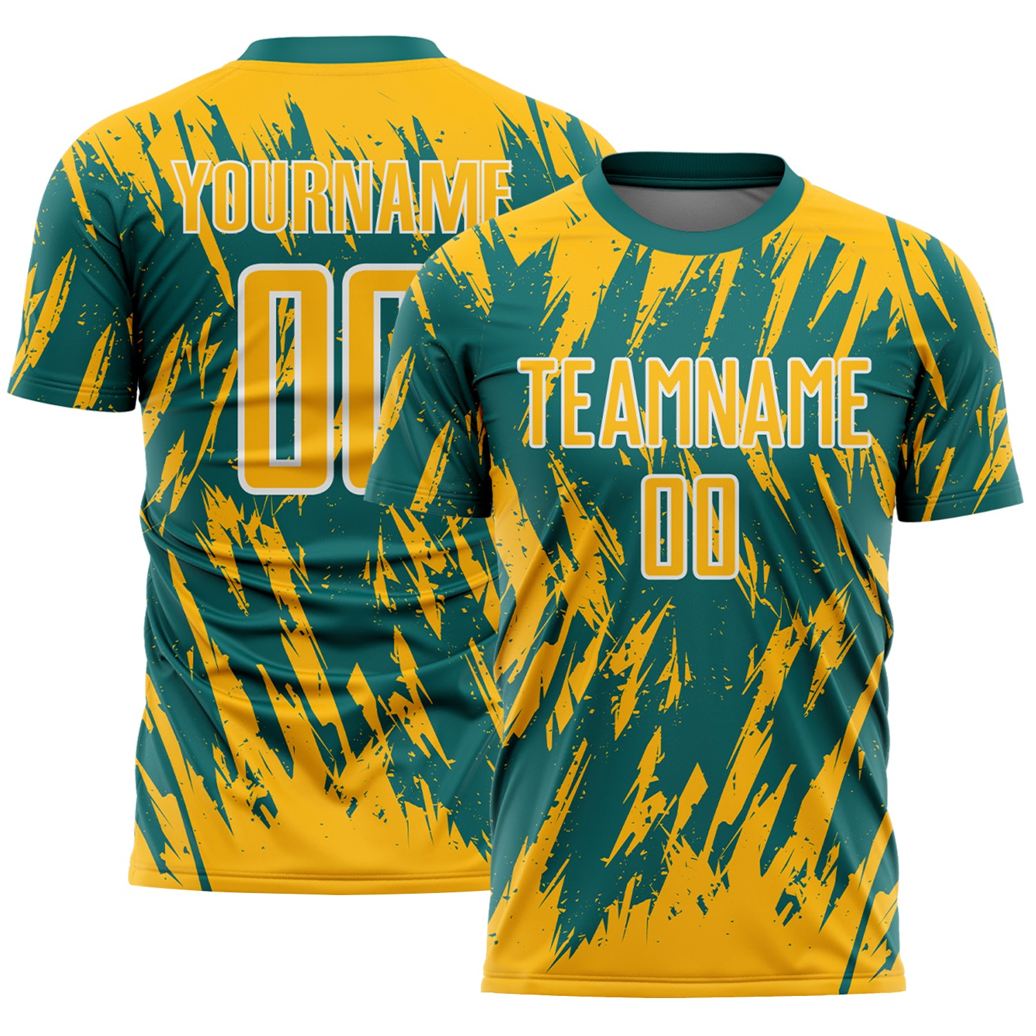 Custom Teal Gold-White Splatter Torn Sharp Brush Stroke Sublimation Soccer Uniform Jersey
