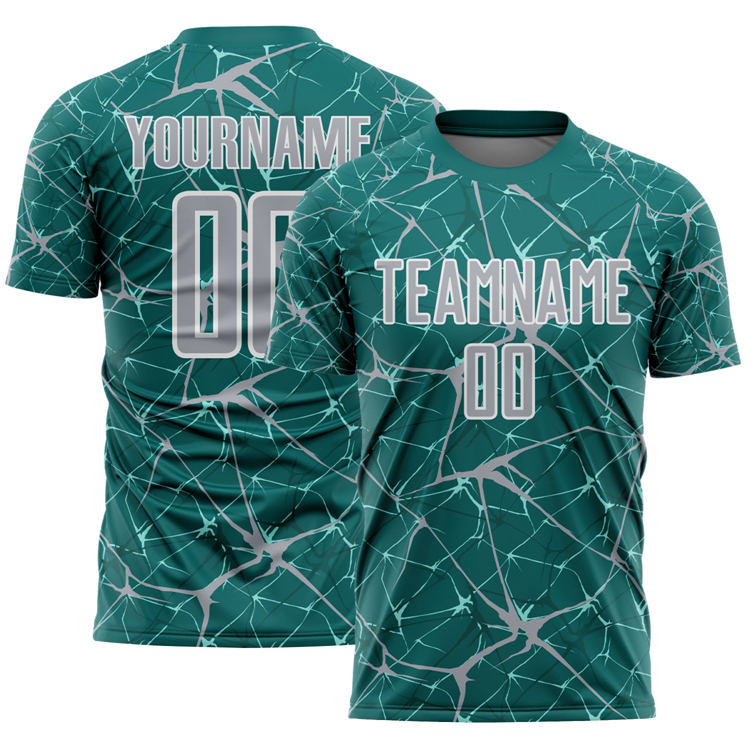 Custom Teal Gray-White Abstract Network Crackle Sublimation Soccer Uniform Jersey