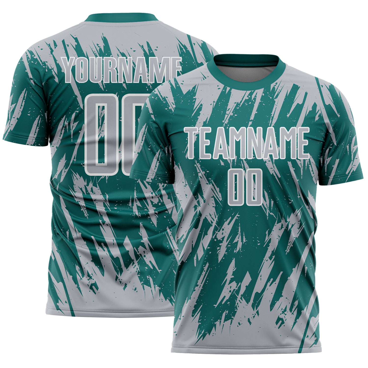 Custom Teal Gray-White Splatter Torn Sharp Brush Stroke Sublimation Soccer Uniform Jersey