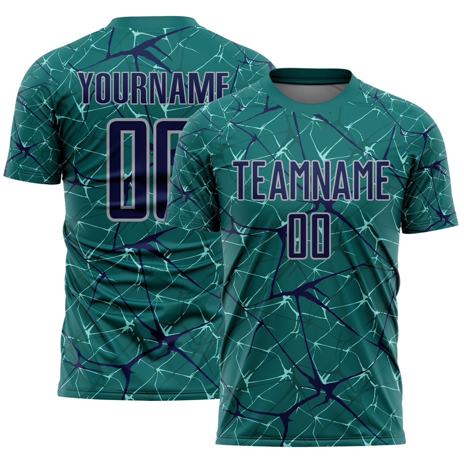 Custom Teal Navy-Gray Abstract Network Crackle Sublimation Soccer Uniform Jersey
