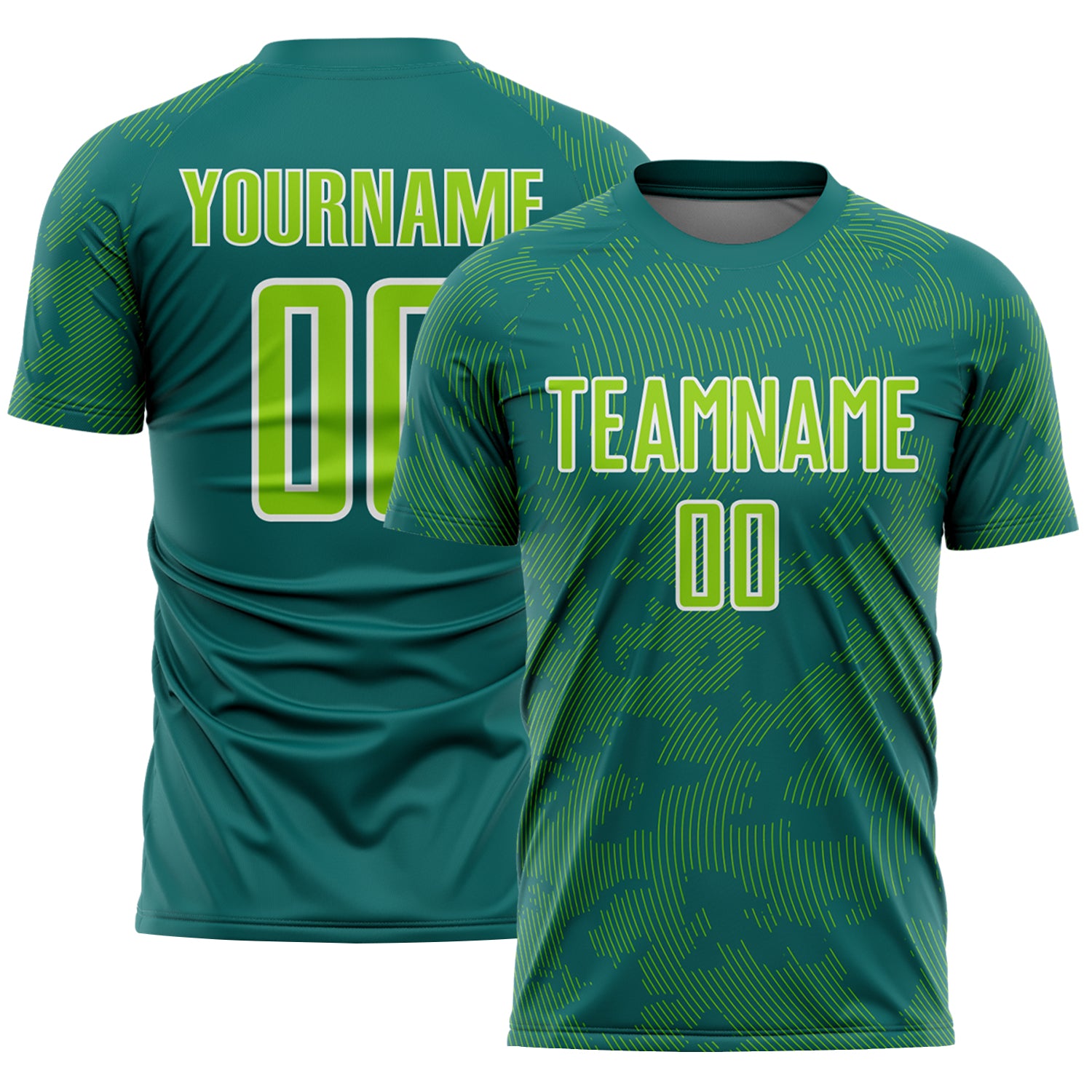 Custom Teal Neon Green-White Curve Lines Sublimation Soccer Uniform Jersey