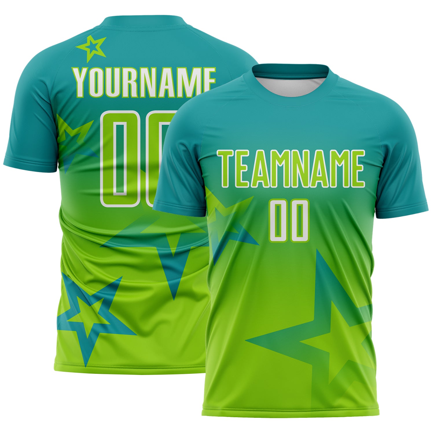 Custom Teal Neon Green-White Gradient Style Twinkle Star Sublimation Soccer Uniform Jersey
