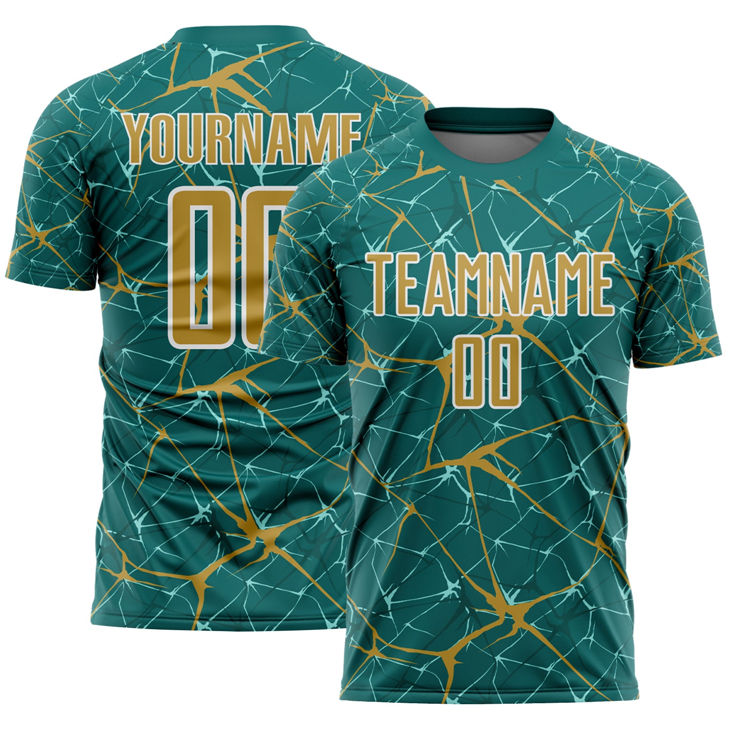 Custom Teal Old Gold-White Abstract Network Crackle Sublimation Soccer Uniform Jersey