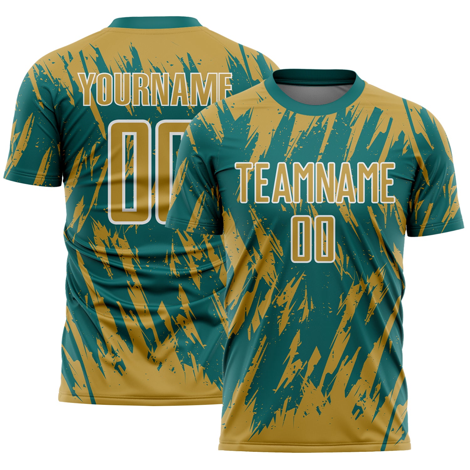Custom Teal Old Gold-White Splatter Torn Sharp Brush Stroke Sublimation Soccer Uniform Jersey