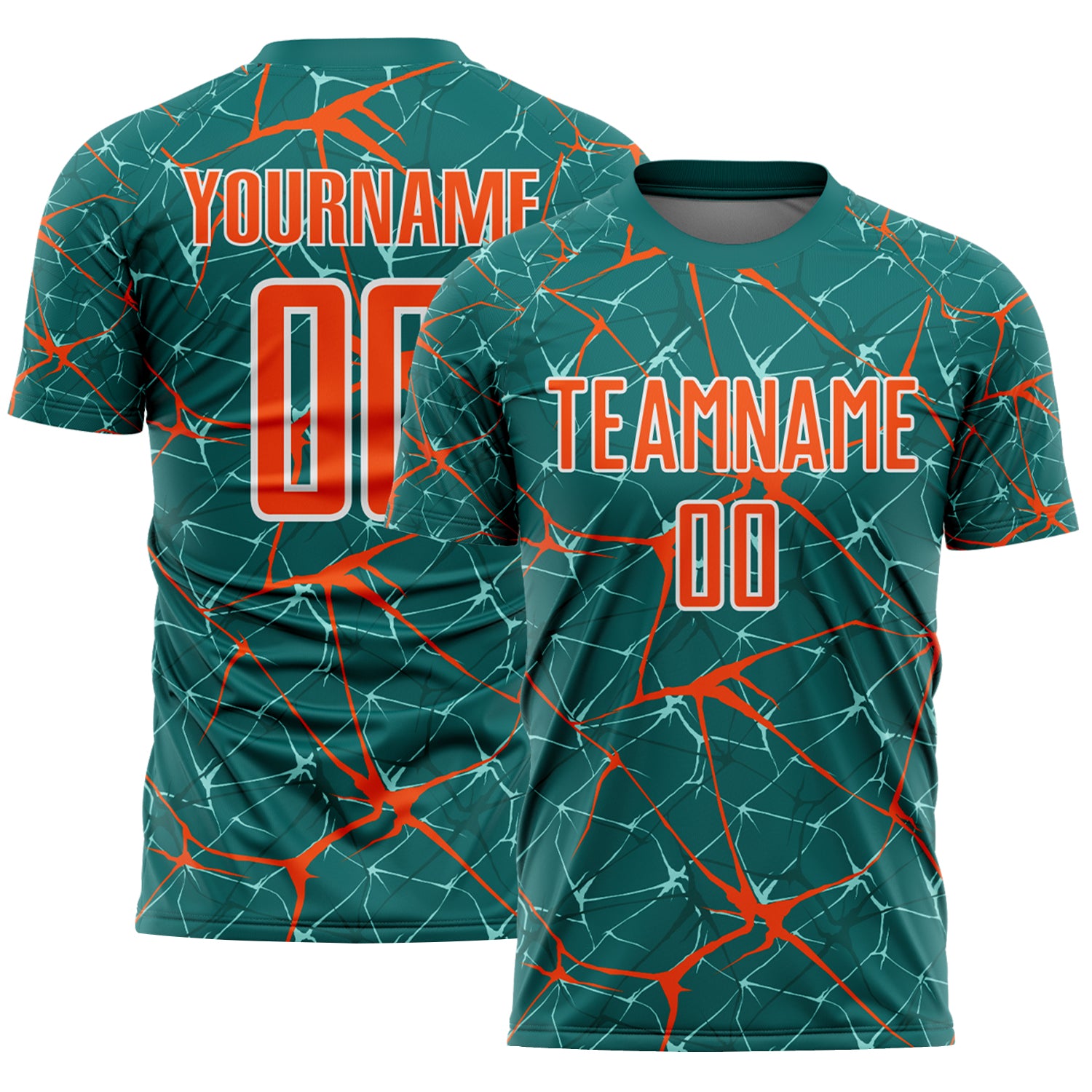 Custom Teal Orange-White Abstract Network Crackle Sublimation Soccer Uniform Jersey