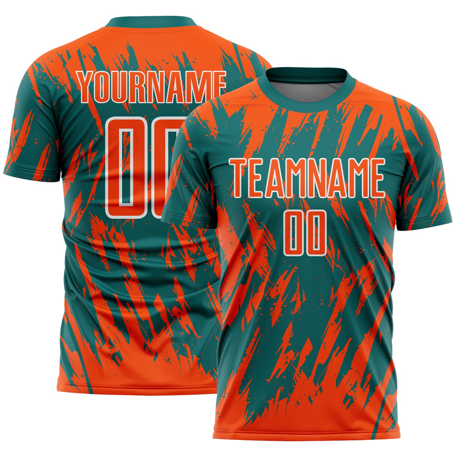 Custom Teal Orange-White Splatter Torn Sharp Brush Stroke Sublimation Soccer Uniform Jersey