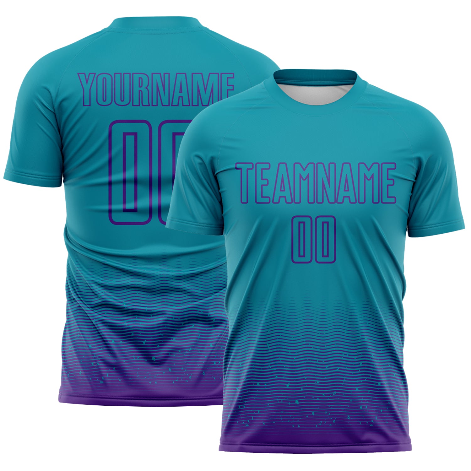 Custom Teal-Purple Fade Wave Lines Splatter Sublimation Soccer Uniform Jersey
