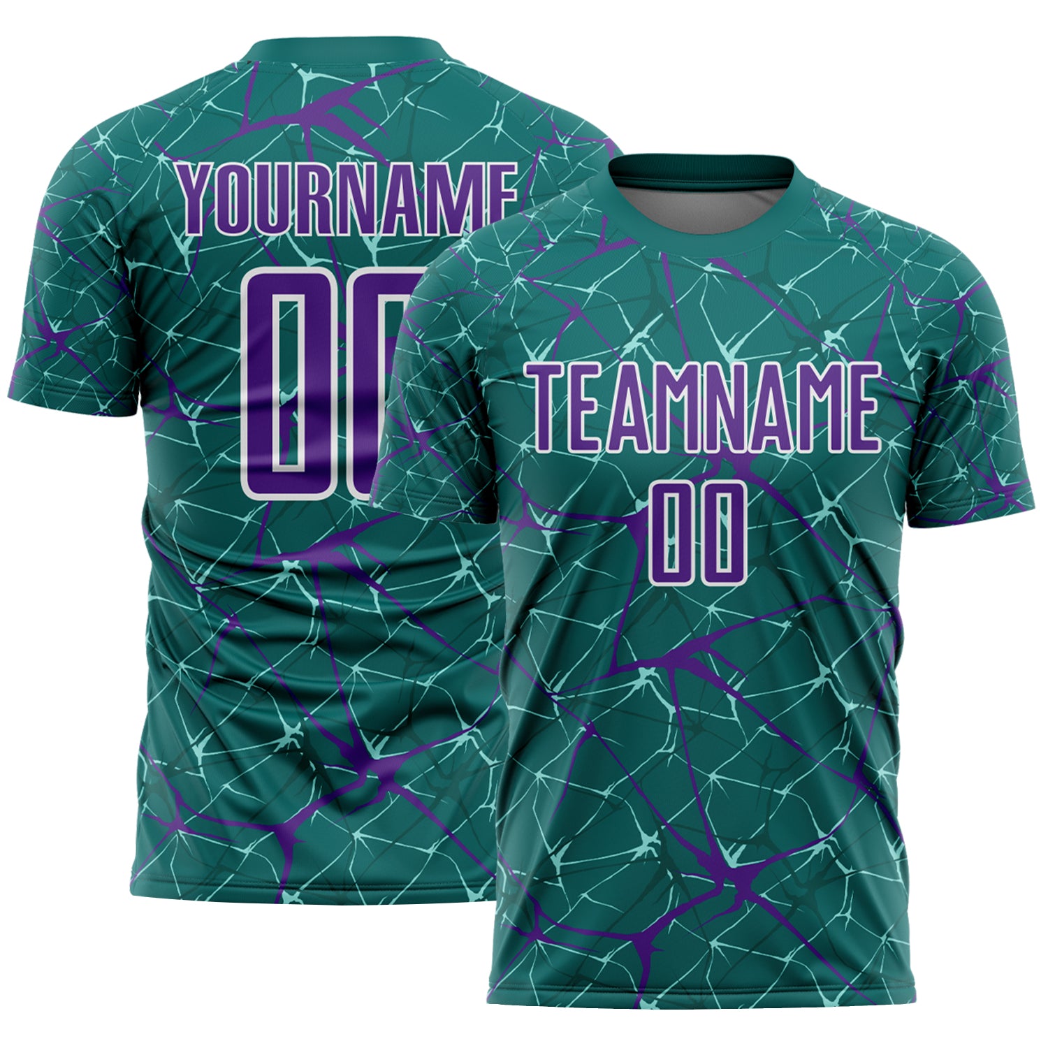 Custom Teal Purple-White Abstract Network Crackle Sublimation Soccer Uniform Jersey