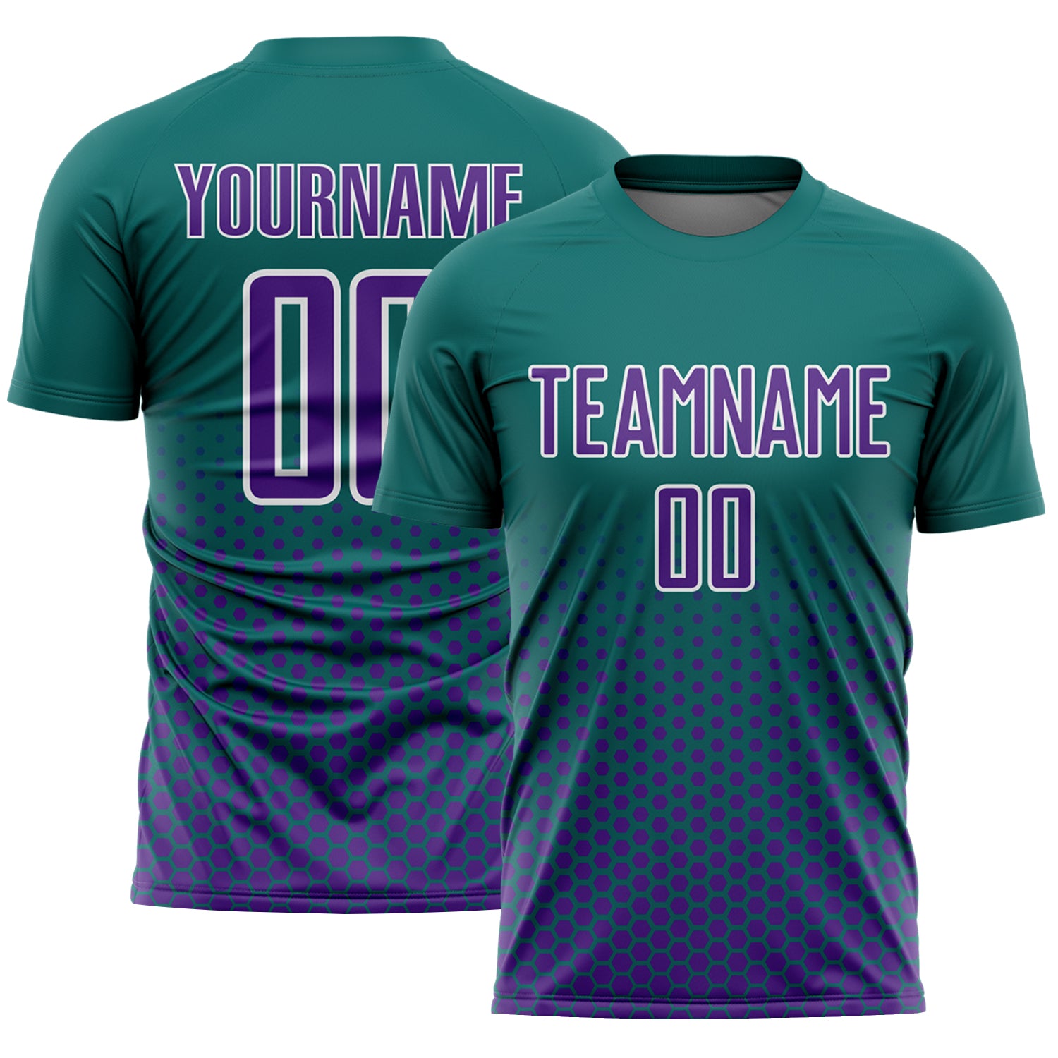 Custom Teal Purple-White Geometric Hexagonal Dot Gradient Sublimation Soccer Uniform Jersey