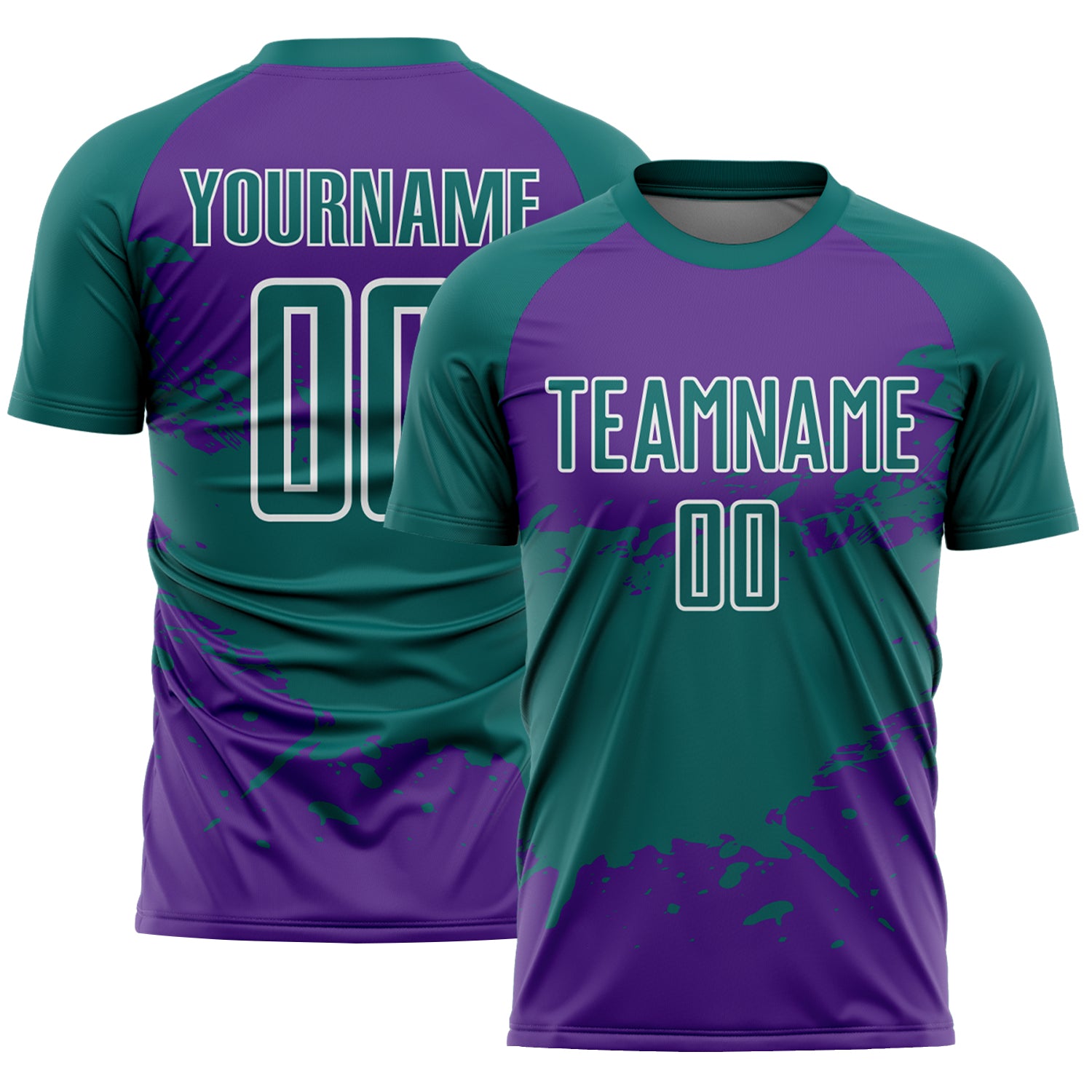 Custom Teal Purple-White Splash Color Block Sublimation Soccer Uniform Jersey