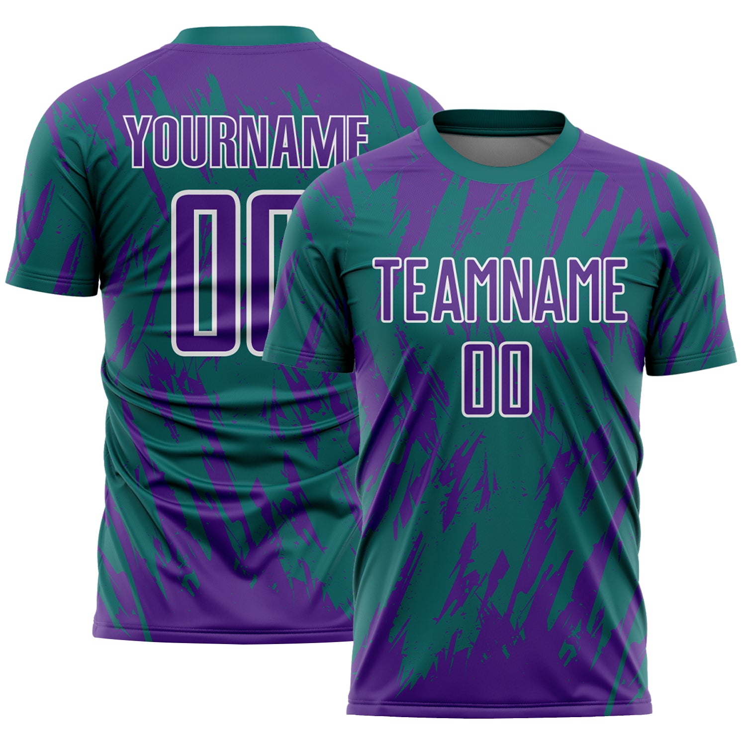 Custom Teal Purple-White Splatter Torn Sharp Brush Stroke Sublimation Soccer Uniform Jersey