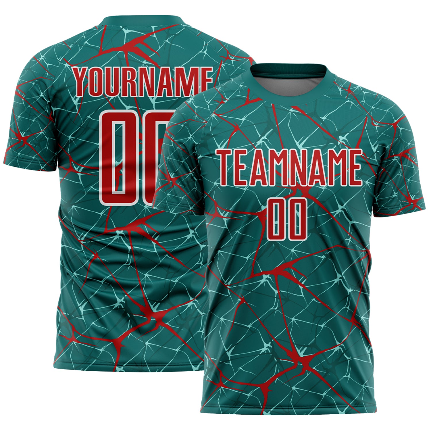 Custom Teal Red-White Abstract Network Crackle Sublimation Soccer Uniform Jersey