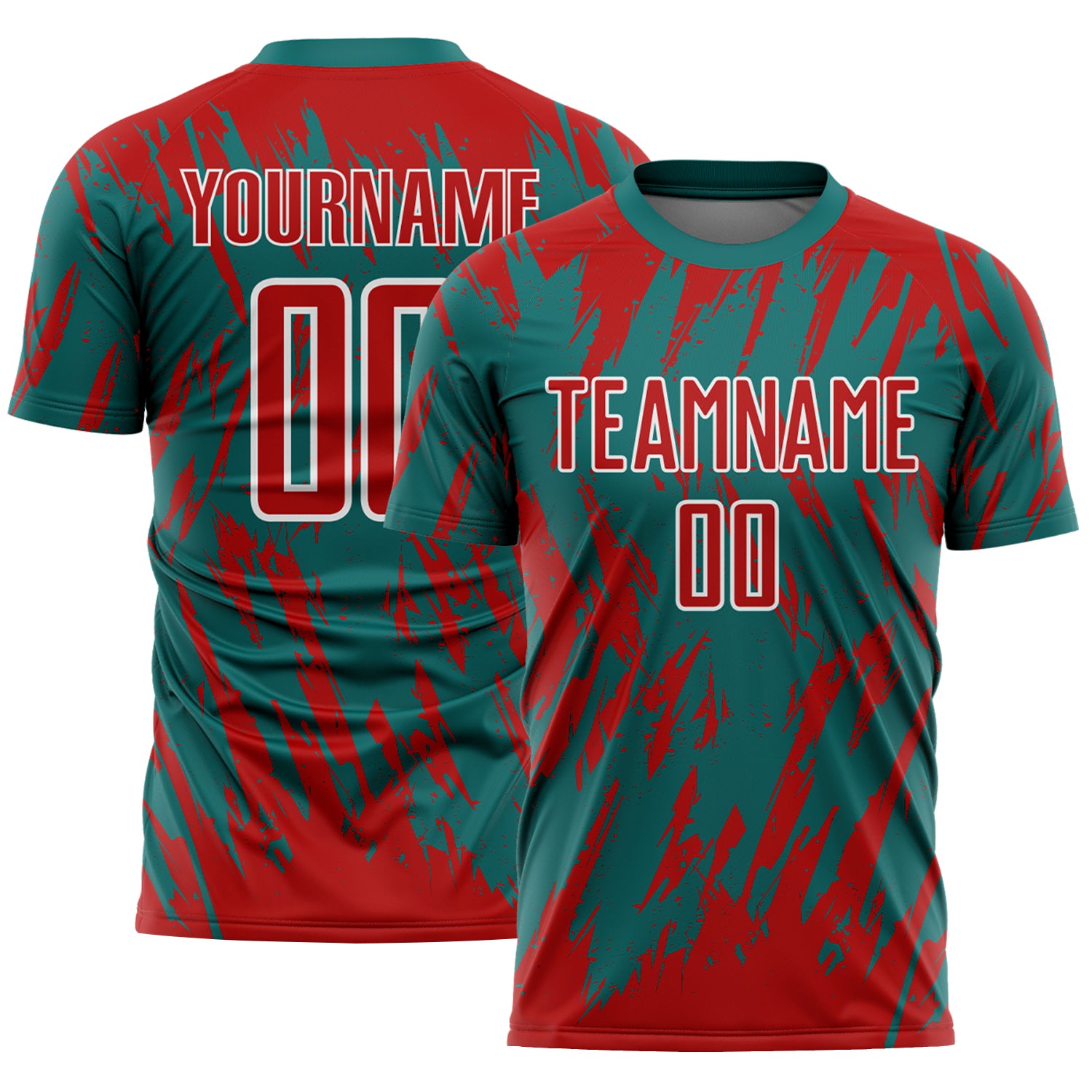 Custom Teal Red-White Splatter Torn Sharp Brush Stroke Sublimation Soccer Uniform Jersey