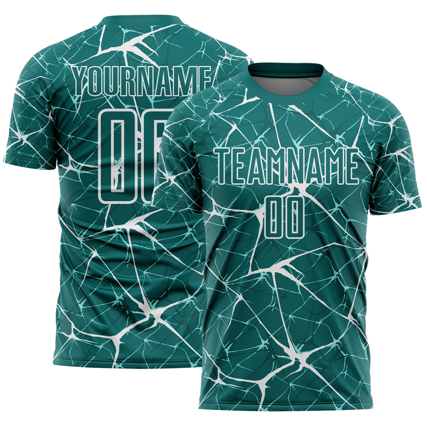 Custom Teal-White Abstract Network Crackle Sublimation Soccer Uniform Jersey