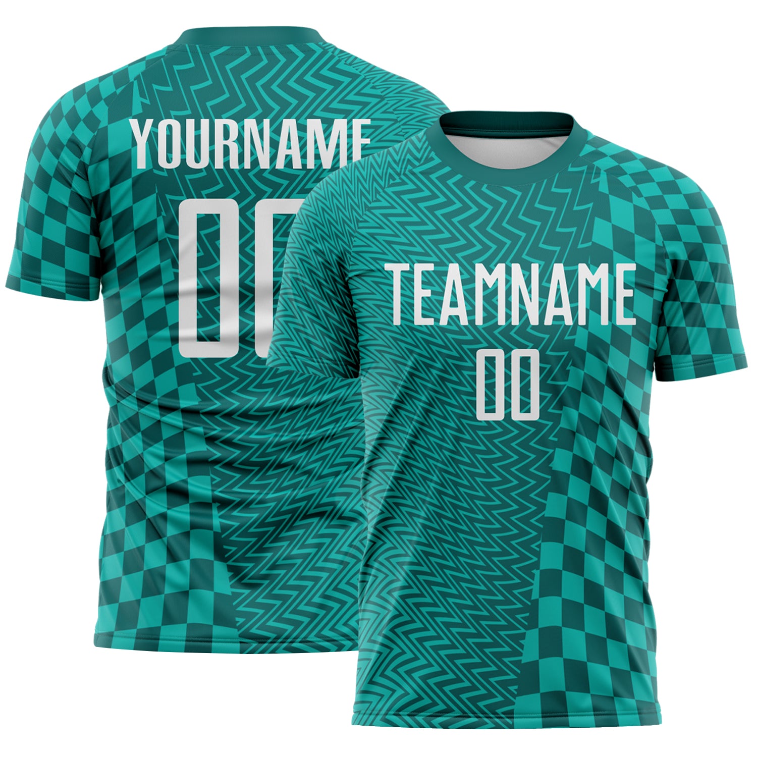 Custom Teal White-Aqua Geometric Patchwork Asymmetry Checkered Zigzag Lines Sublimation Soccer Uniform Jersey