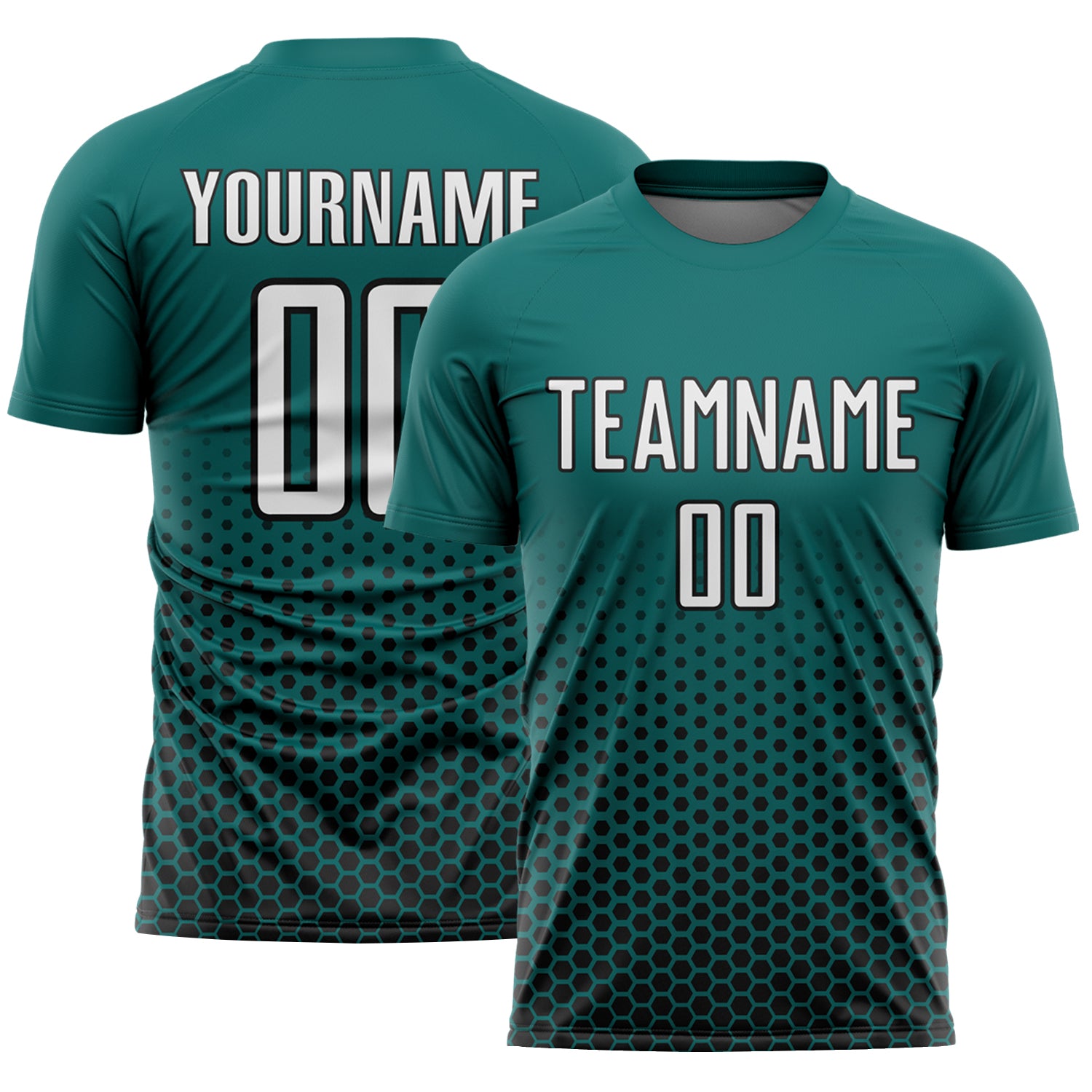 Custom Teal White-Black Geometric Hexagonal Dot Gradient Sublimation Soccer Uniform Jersey