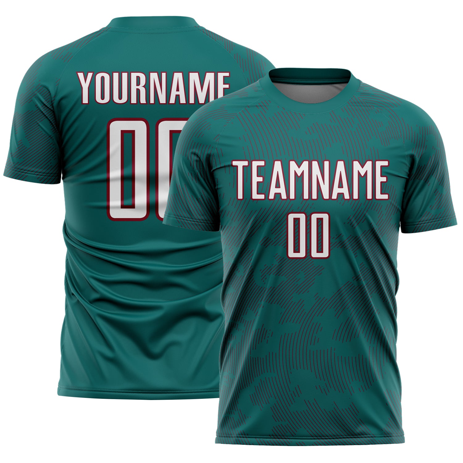 Custom Teal White-Crimson Curve Lines Sublimation Soccer Uniform Jersey