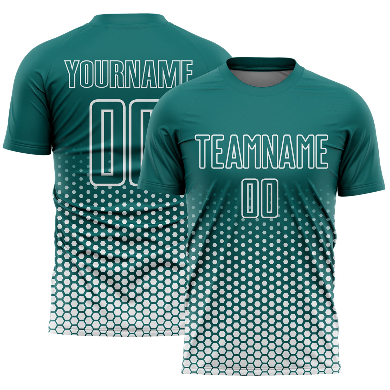Custom Teal-White Geometric Hexagonal Dot Gradient Sublimation Soccer Uniform Jersey