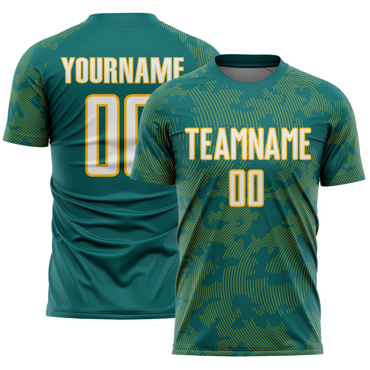 Custom Teal White-Gold Curve Lines Sublimation Soccer Uniform Jersey