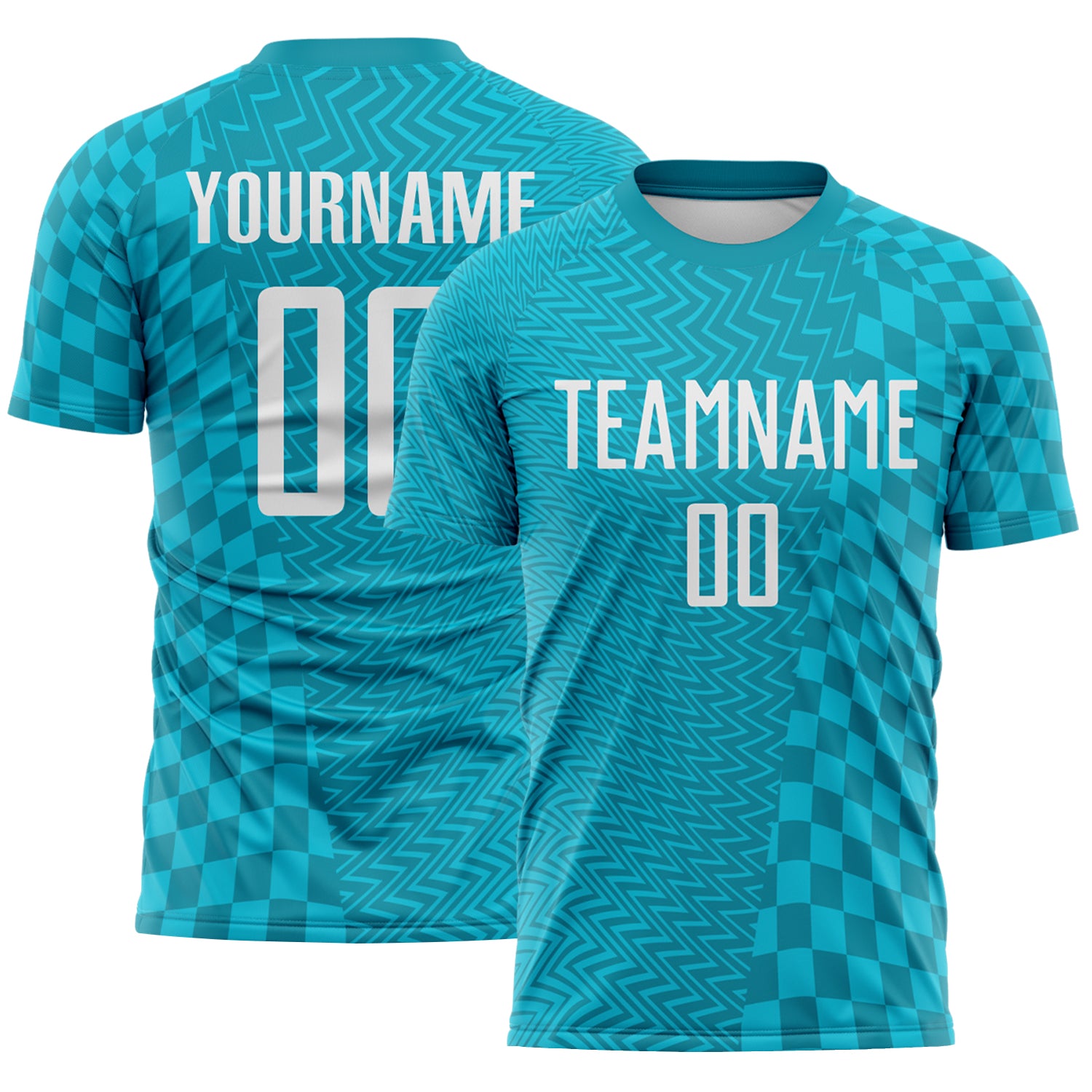 Custom Teal White-Lakes Blue Geometric Patchwork Asymmetry Checkered Zigzag Lines Sublimation Soccer Uniform Jersey
