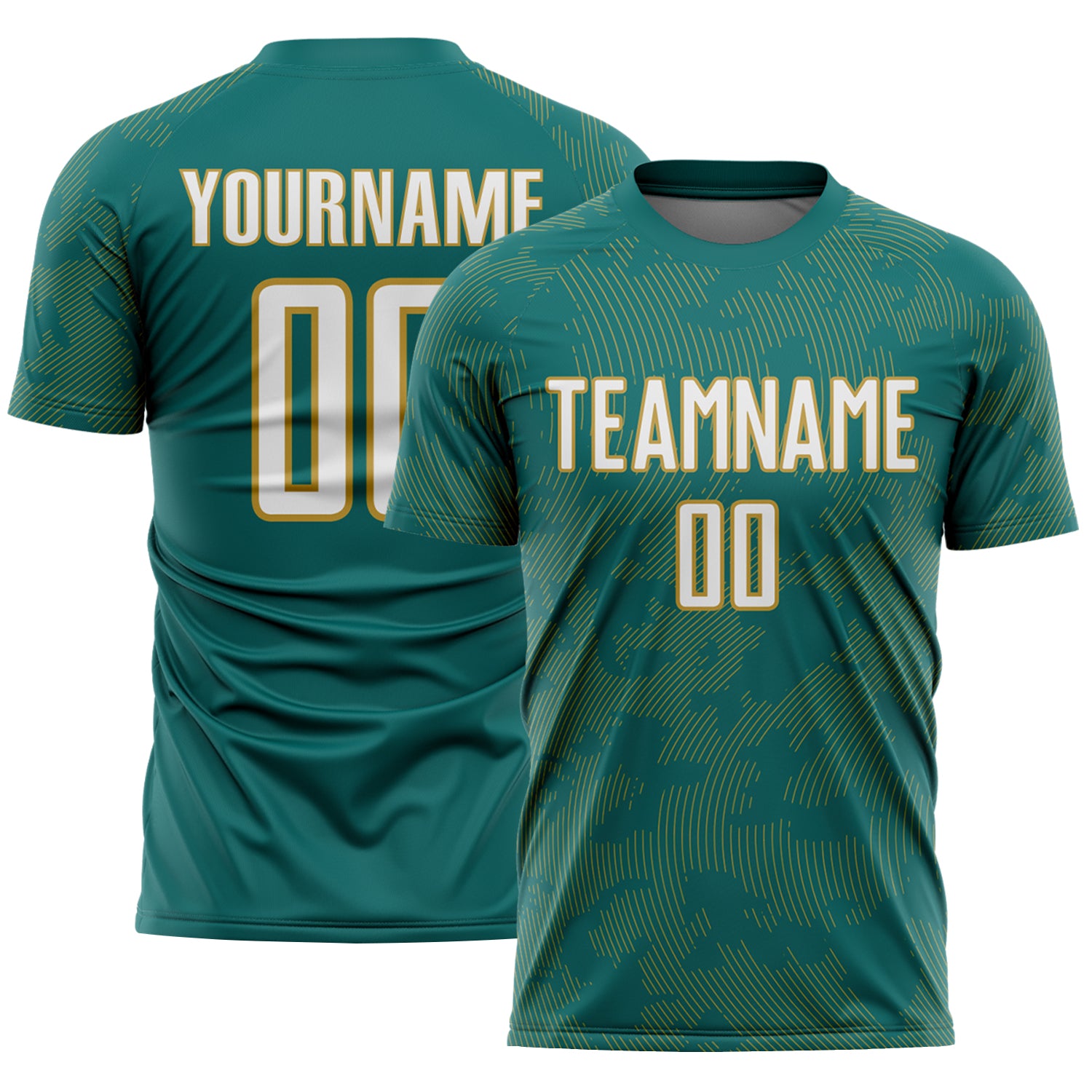Custom Teal White-Old Gold Curve Lines Sublimation Soccer Uniform Jersey