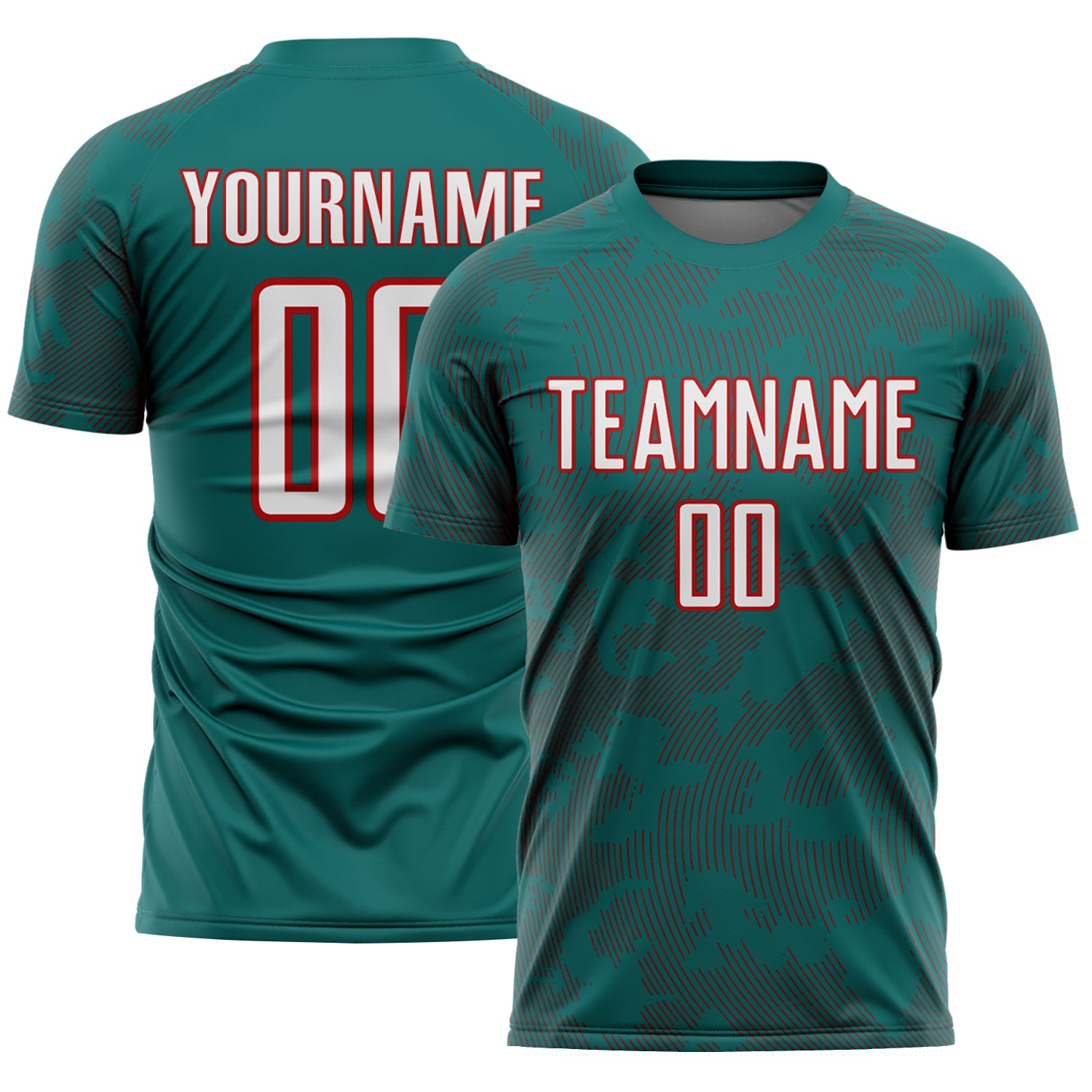 Custom Teal White-Red Curve Lines Sublimation Soccer Uniform Jersey