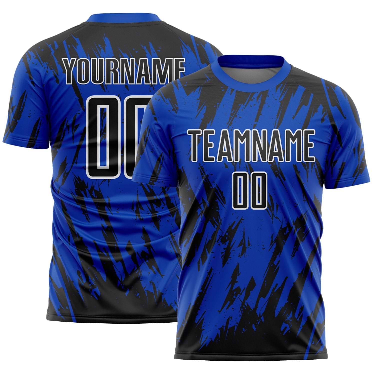 Custom Thunder Blue Black-White Splatter Torn Sharp Brush Stroke Sublimation Soccer Uniform Jersey