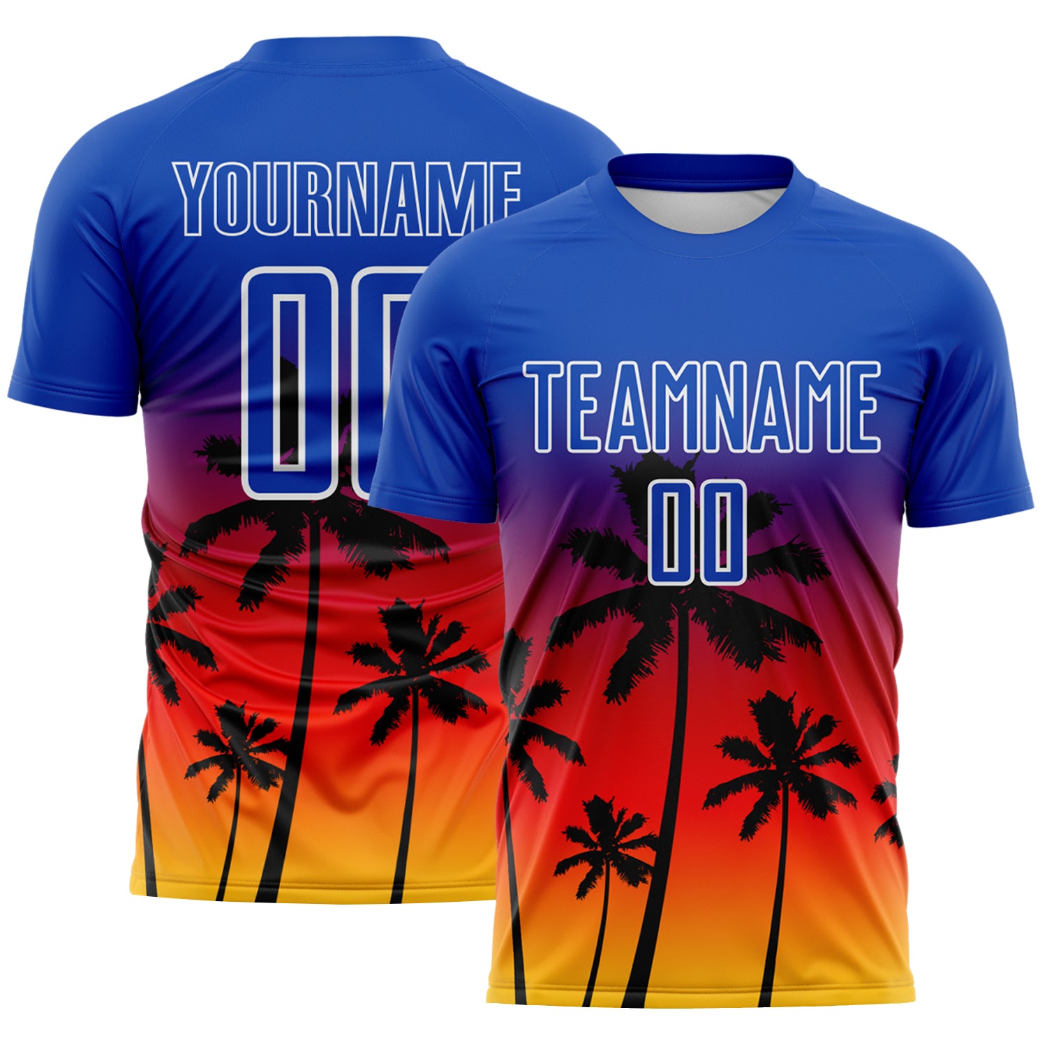 Custom Thunder Blue Fire Red Yellow-White Tropical Hawaii Palm Trees Gradient Sublimation Soccer Uniform Jersey