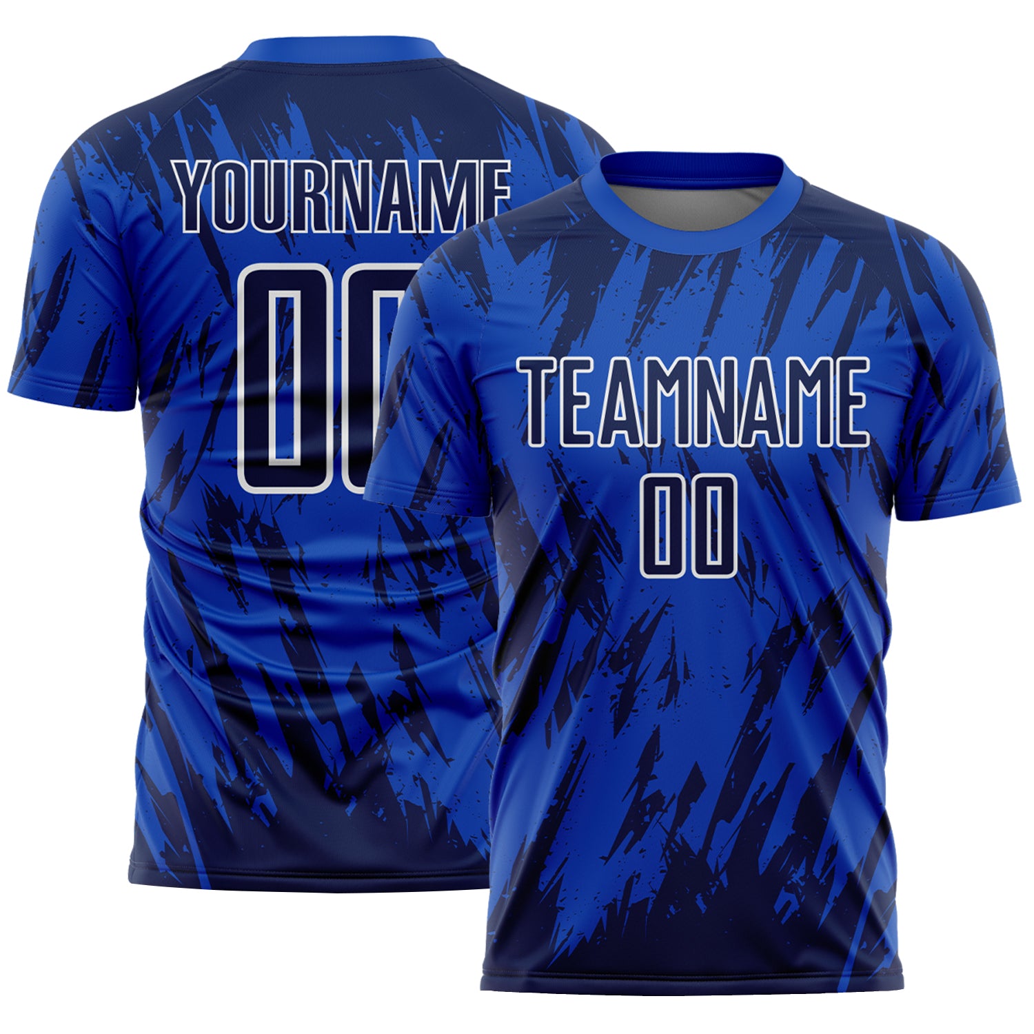 Custom Thunder Blue Navy-White Splatter Torn Sharp Brush Stroke Sublimation Soccer Uniform Jersey