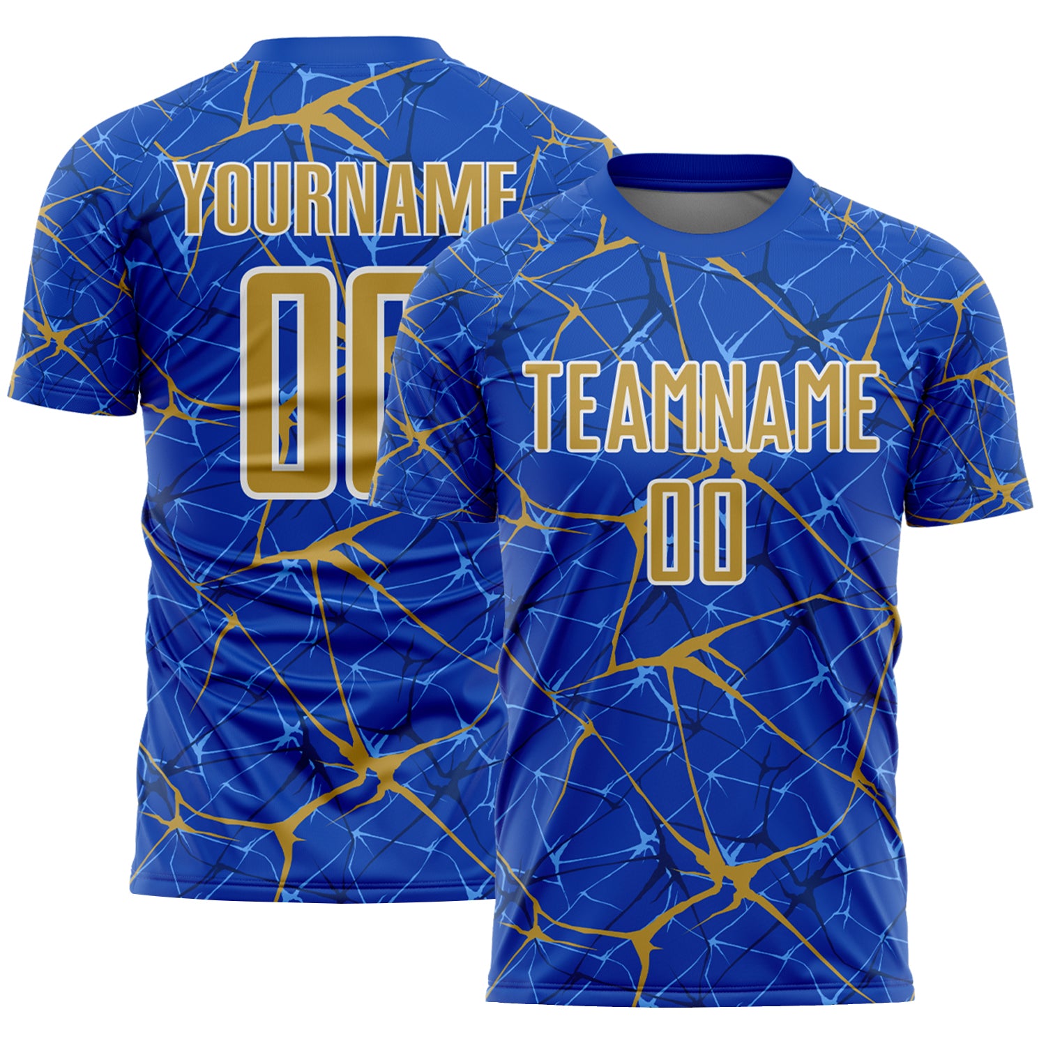 Custom Thunder Blue Old Gold-White Abstract Network Crackle Sublimation Soccer Uniform Jersey