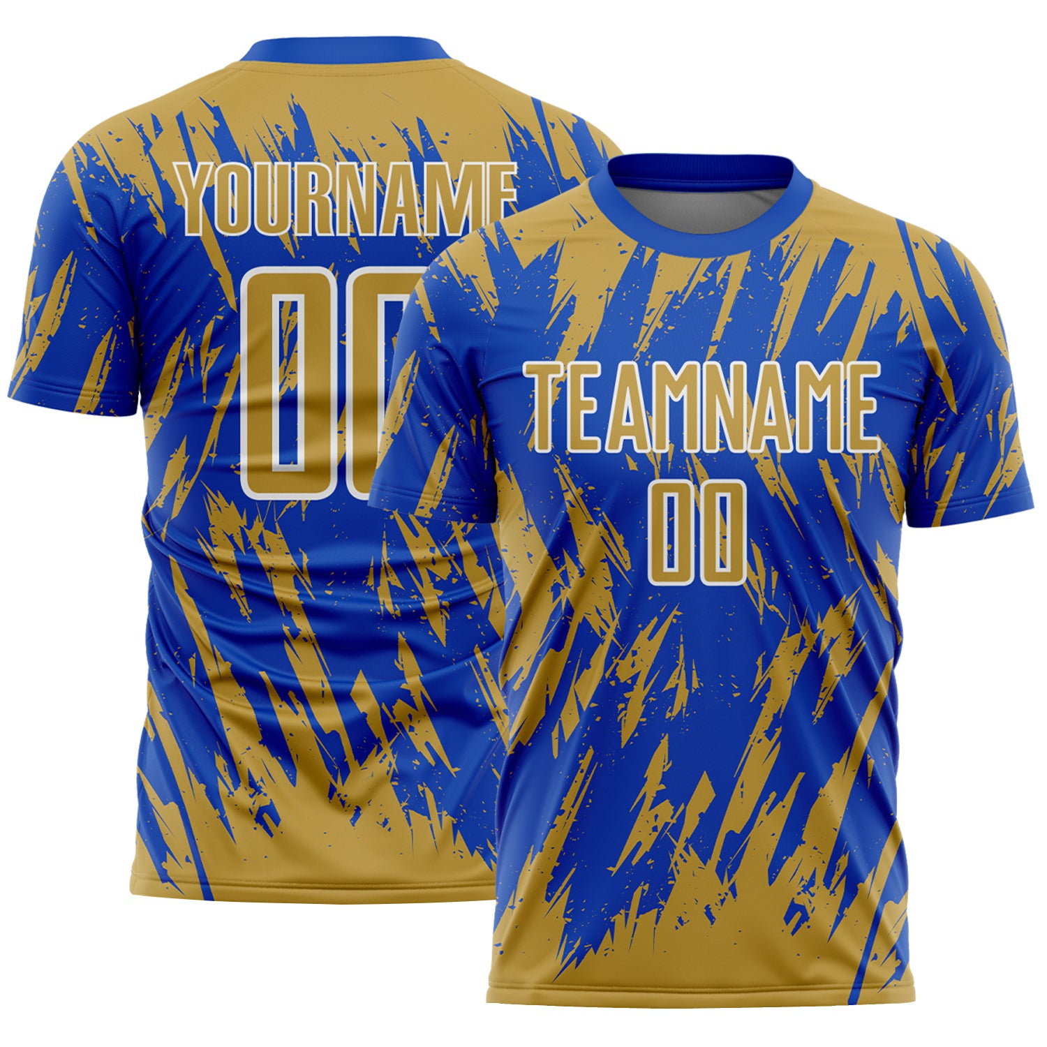 Custom Thunder Blue Old Gold-White Splatter Torn Sharp Brush Stroke Sublimation Soccer Uniform Jersey