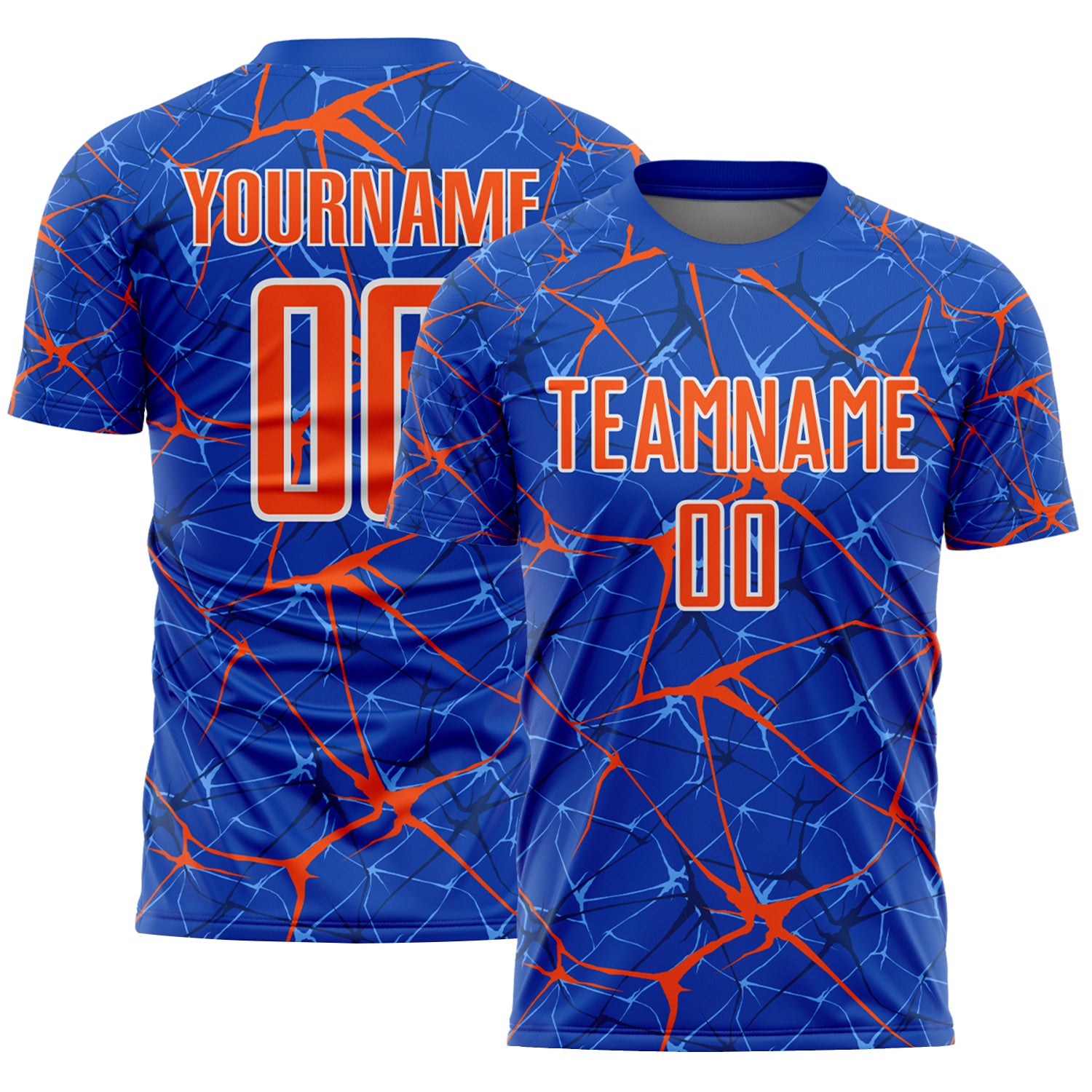 Custom Thunder Blue Orange-White Abstract Network Crackle Sublimation Soccer Uniform Jersey