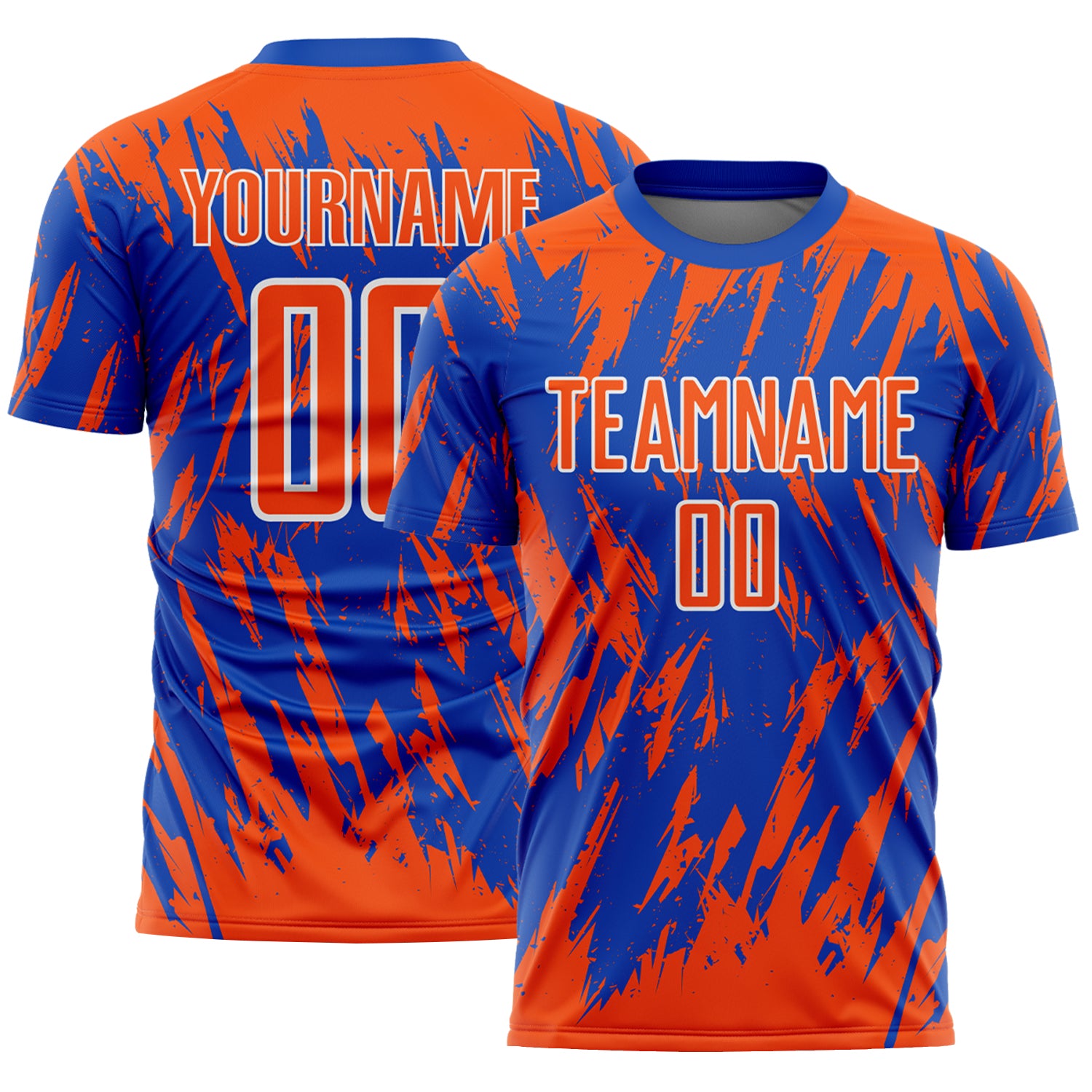 Custom Thunder Blue Orange-White Splatter Torn Sharp Brush Stroke Sublimation Soccer Uniform Jersey