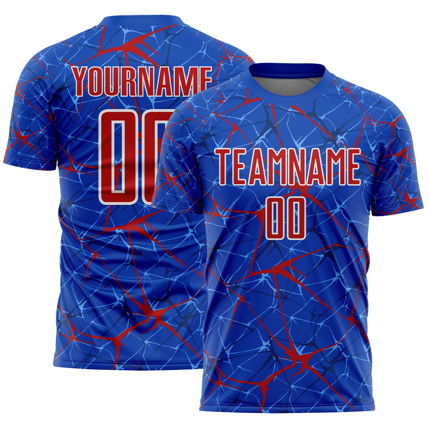 Custom Thunder Blue Red-White Abstract Network Crackle Sublimation Soccer Uniform Jersey