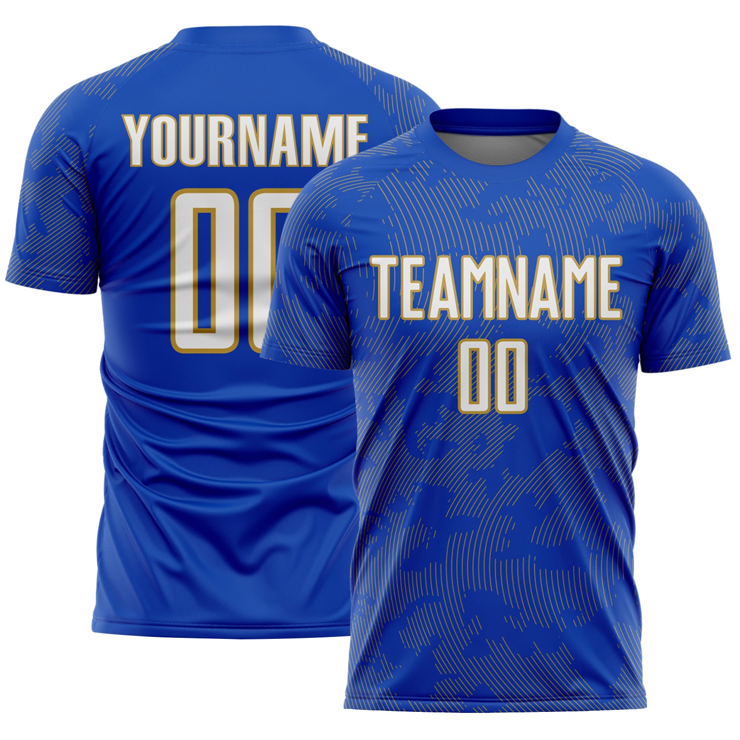 Custom Thunder Blue White-Old Gold Curve Lines Sublimation Soccer Uniform Jersey