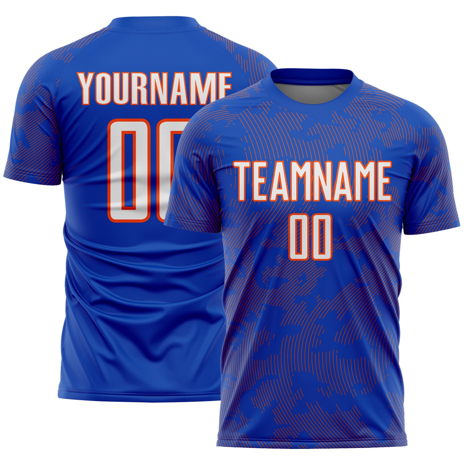 Custom Thunder Blue White-Orange Curve Lines Sublimation Soccer Uniform Jersey