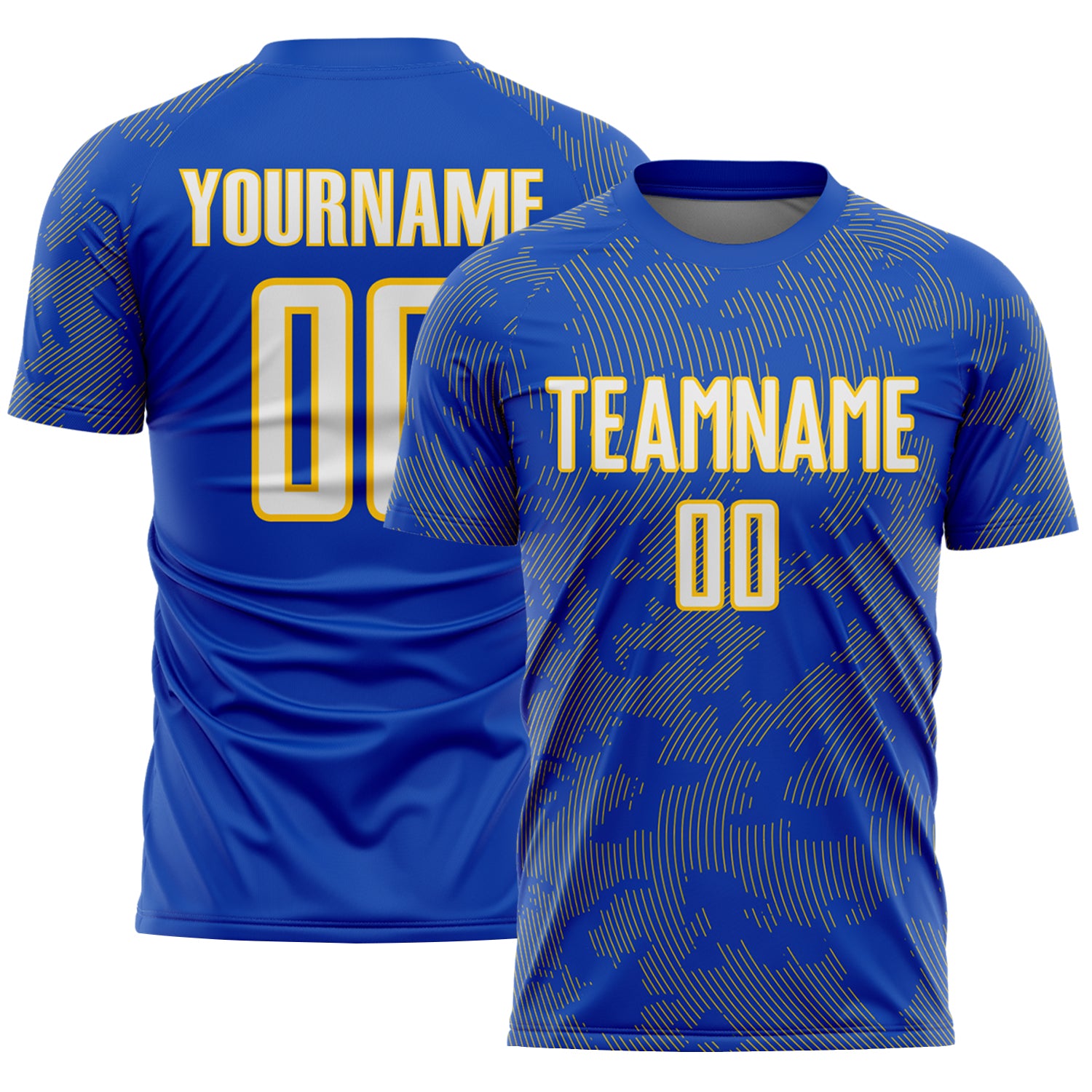 Custom Thunder Blue White-Yellow Curve Lines Sublimation Soccer Uniform Jersey