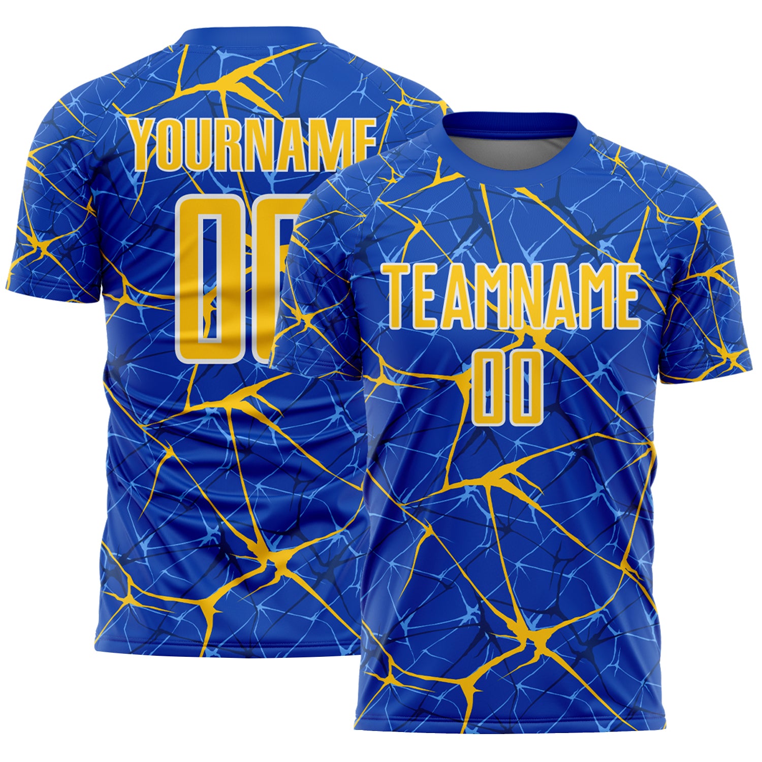 Custom Thunder Blue Yellow-White Abstract Network Crackle Sublimation Soccer Uniform Jersey