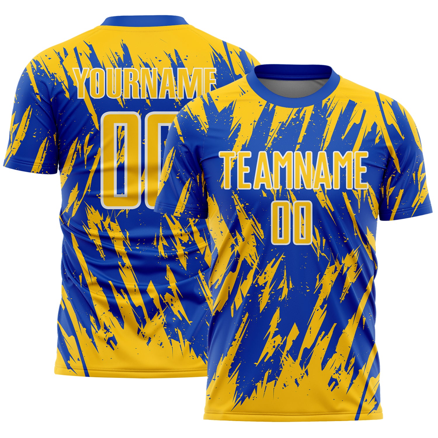 Custom Thunder Blue Yellow-White Splatter Torn Sharp Brush Stroke Sublimation Soccer Uniform Jersey