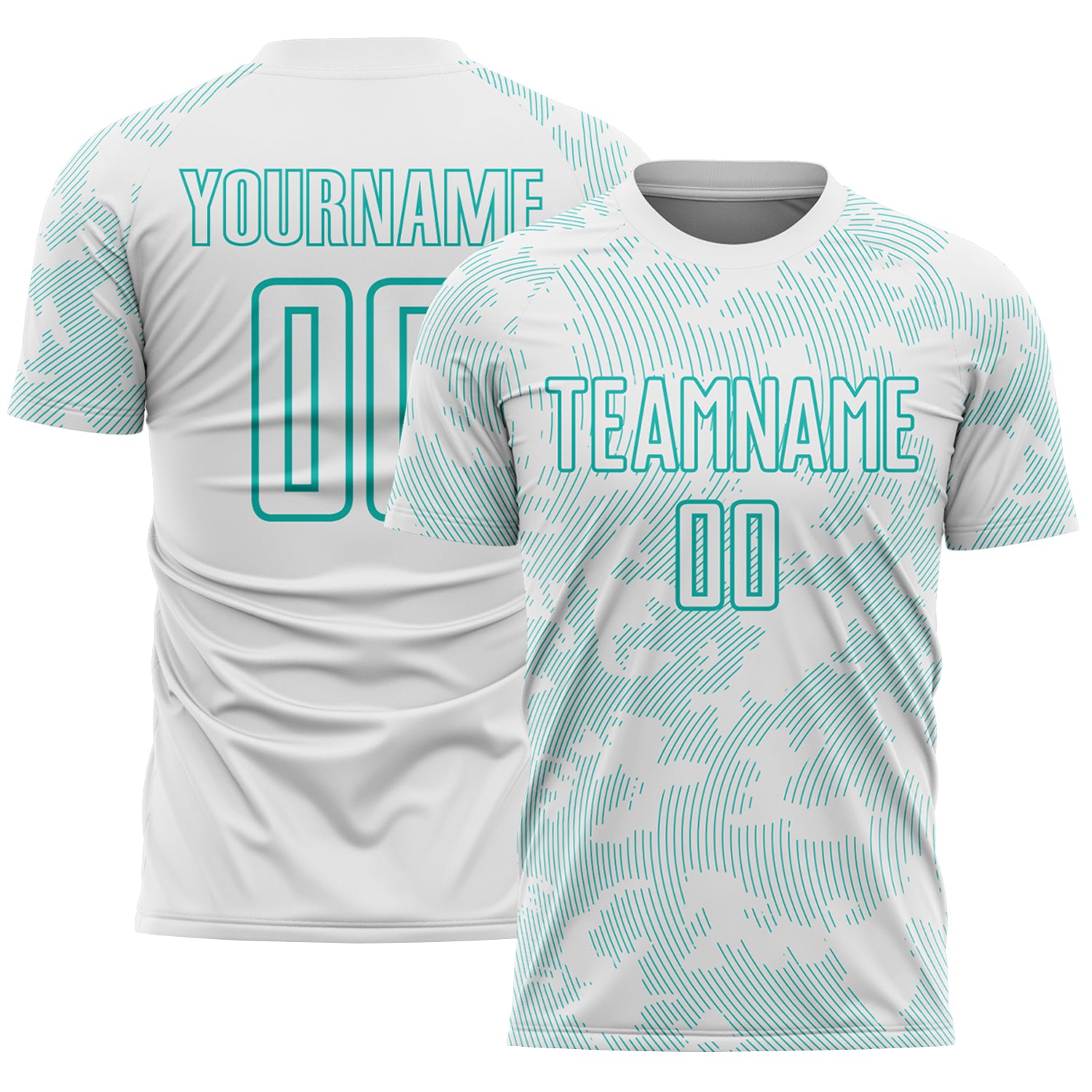 Custom White-Aqua Curve Lines Sublimation Soccer Uniform Jersey
