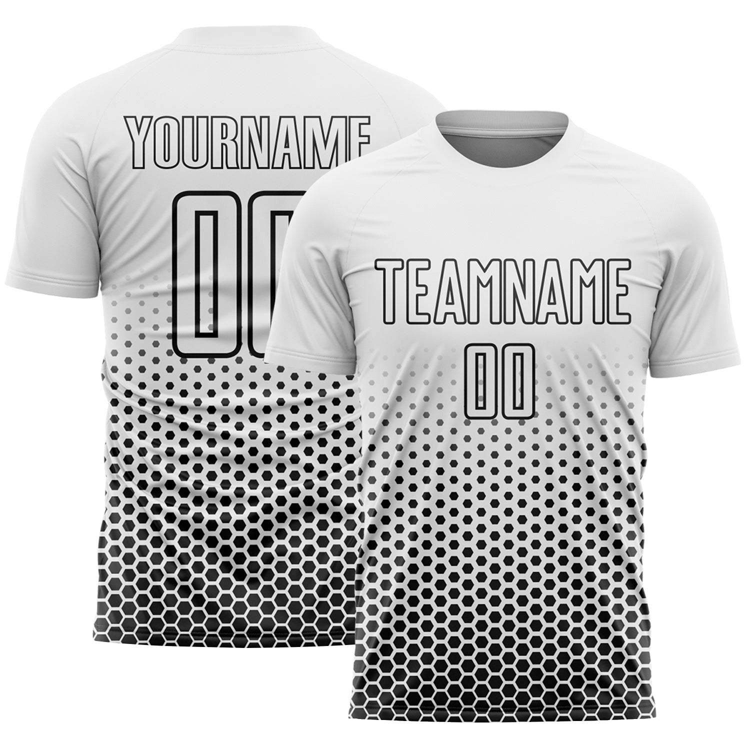 Custom White-Black Geometric Hexagonal Dot Gradient Sublimation Soccer Uniform Jersey