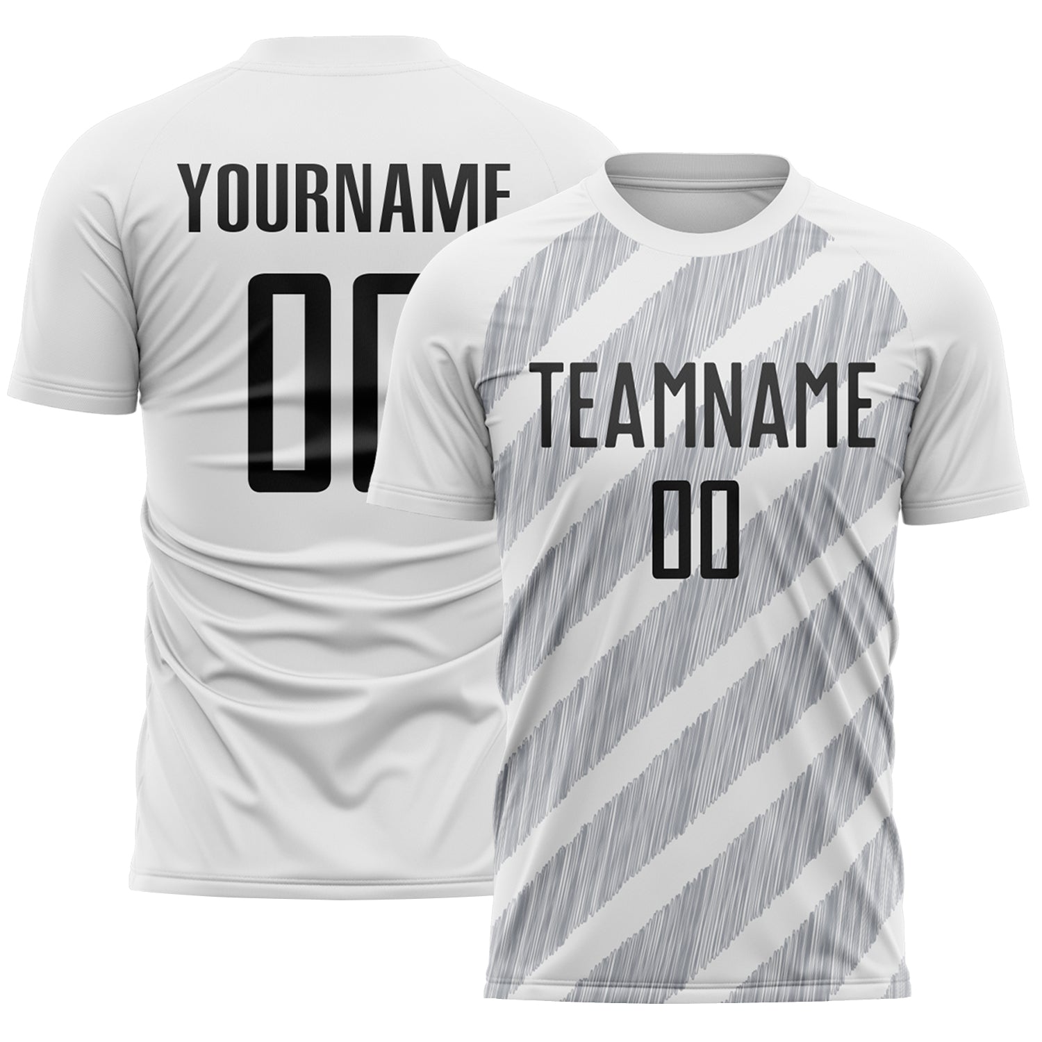 Custom White Black-Gray Diagonal Stripes Sublimation Soccer Uniform Jersey