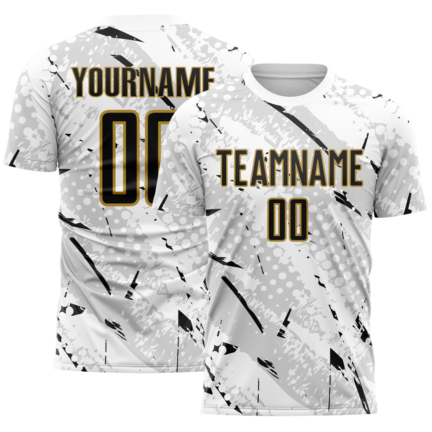 Custom White Black Gray-Old Gold Brush Stroke Slashes And Dot Grid Sublimation Soccer Uniform Jersey