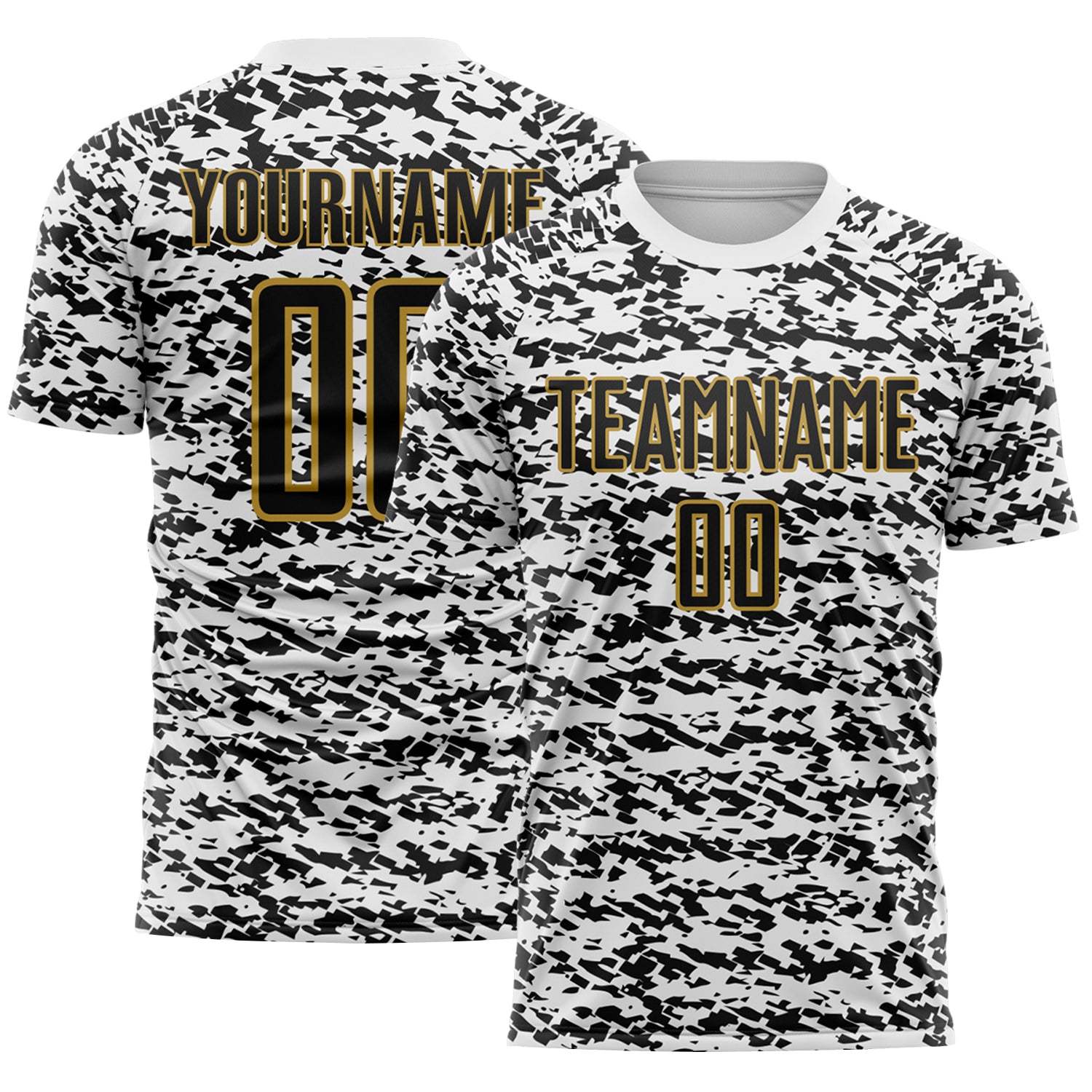 Custom White Black-Old Gold Geometric Fragment Splatter Sublimation Soccer Uniform Jersey