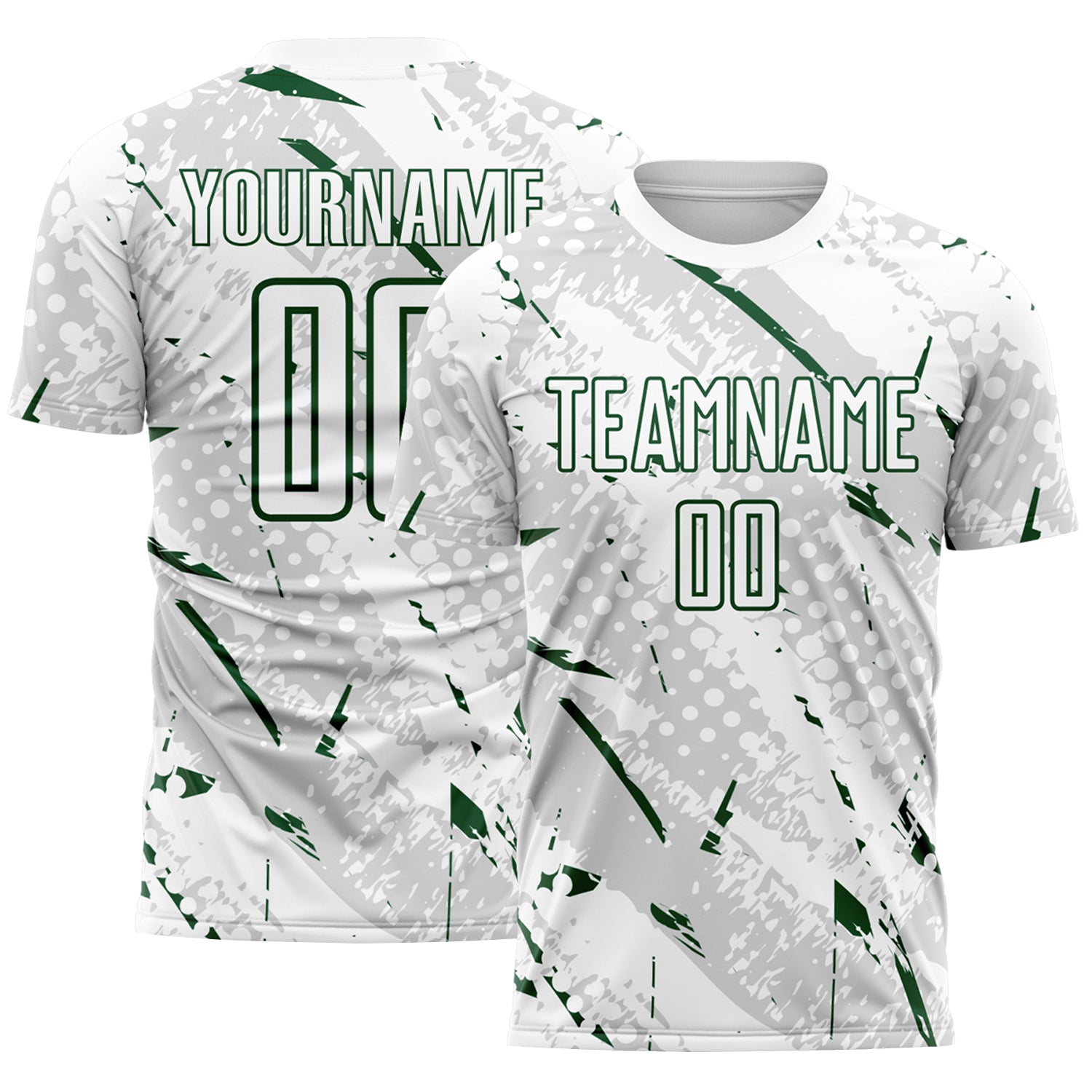 Custom White Green-Gray Brush Stroke Slashes And Dot Grid Sublimation Soccer Uniform Jersey