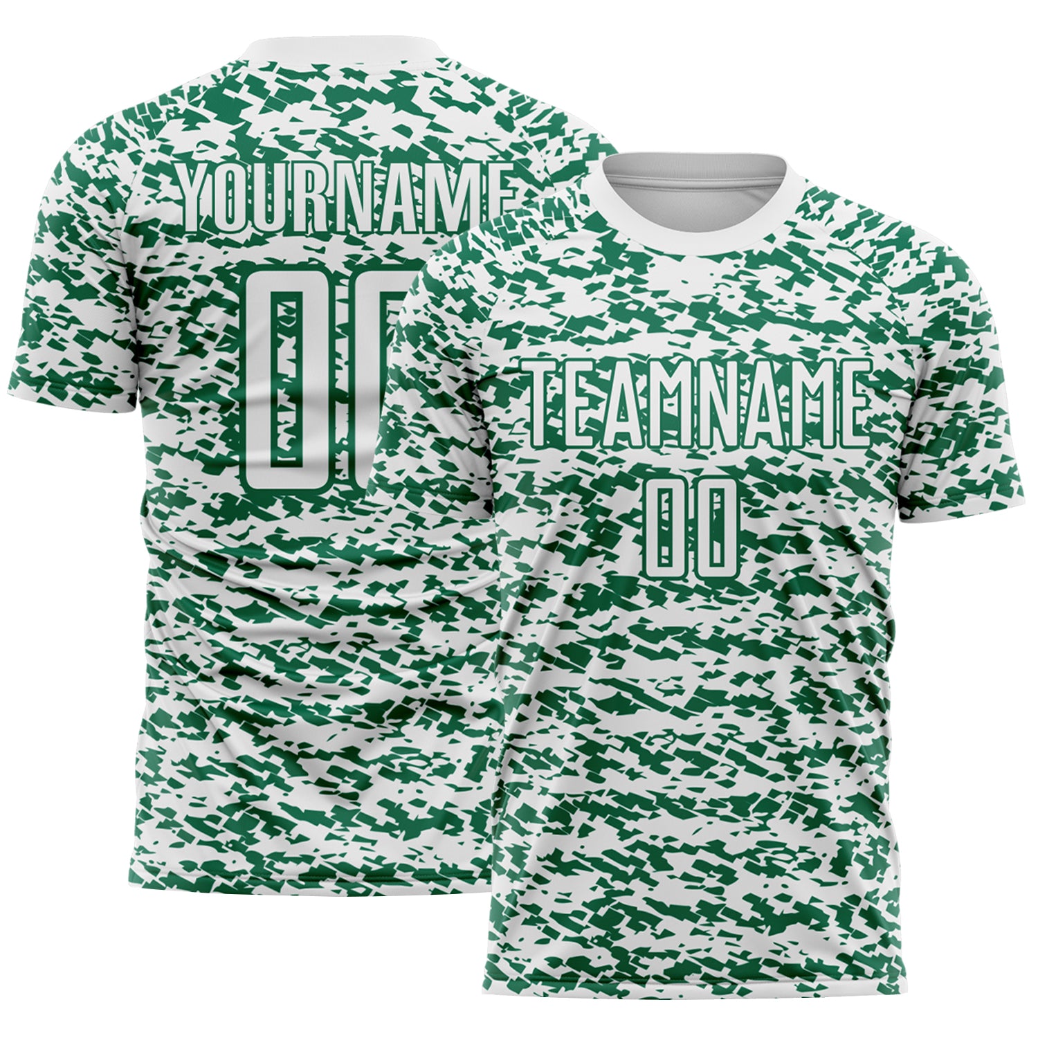 Custom White-Kelly Green Geometric Fragment Splatter Sublimation Soccer Uniform Jersey