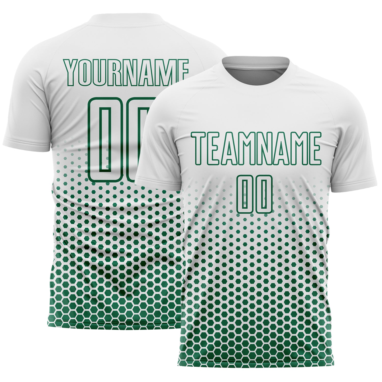 Custom White-Kelly Green Geometric Hexagonal Dot Gradient Sublimation Soccer Uniform Jersey