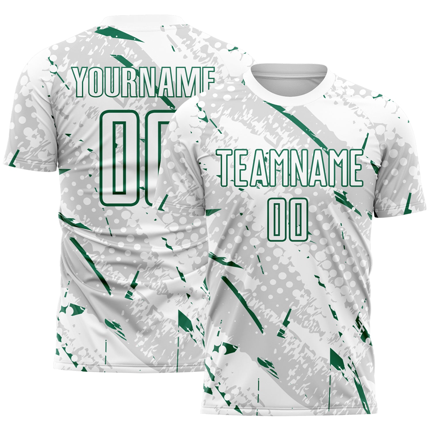 Custom White Kelly Green-Gray Brush Stroke Slashes And Dot Grid Sublimation Soccer Uniform Jersey