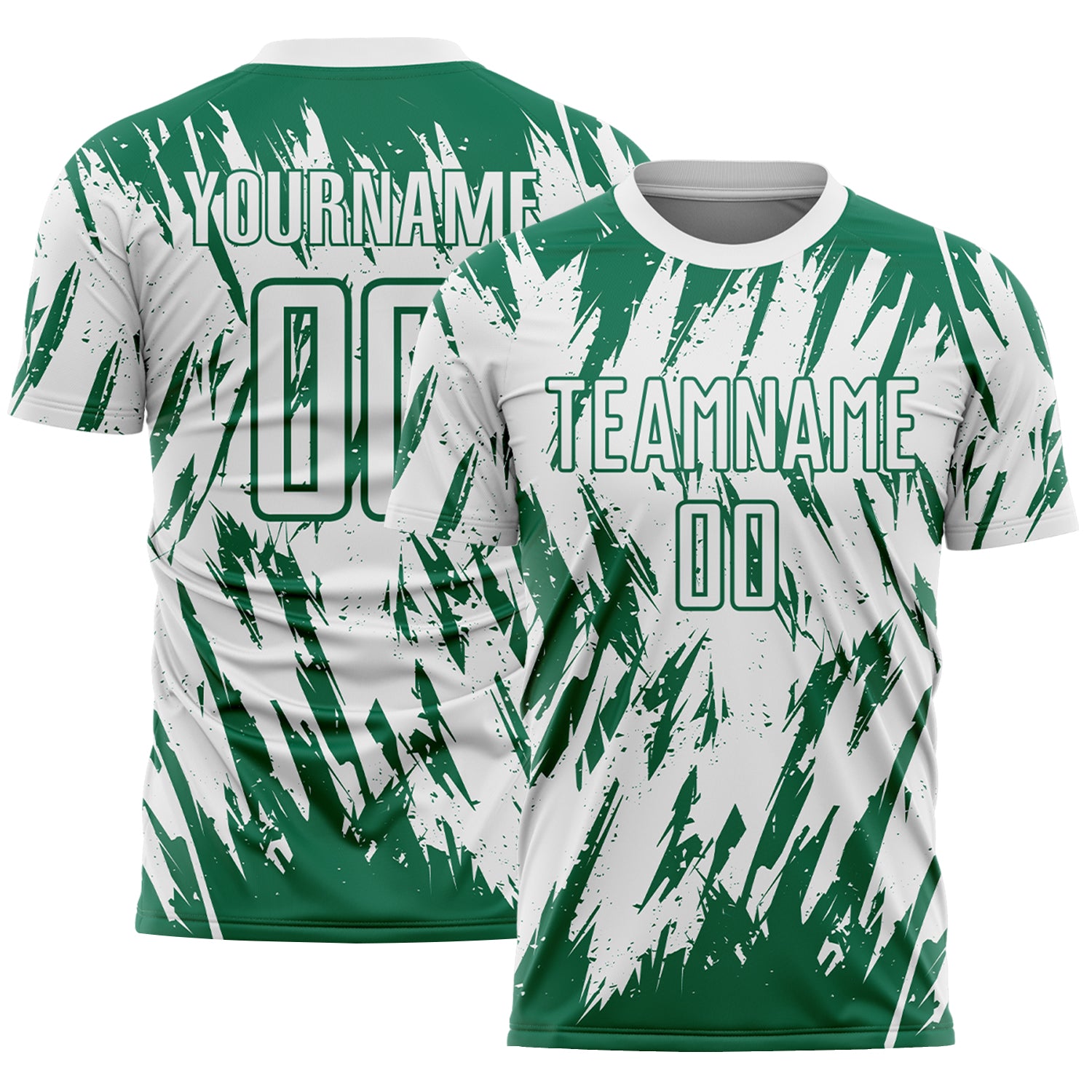 Custom White-Kelly Green Splatter Torn Sharp Brush Stroke Sublimation Soccer Uniform Jersey